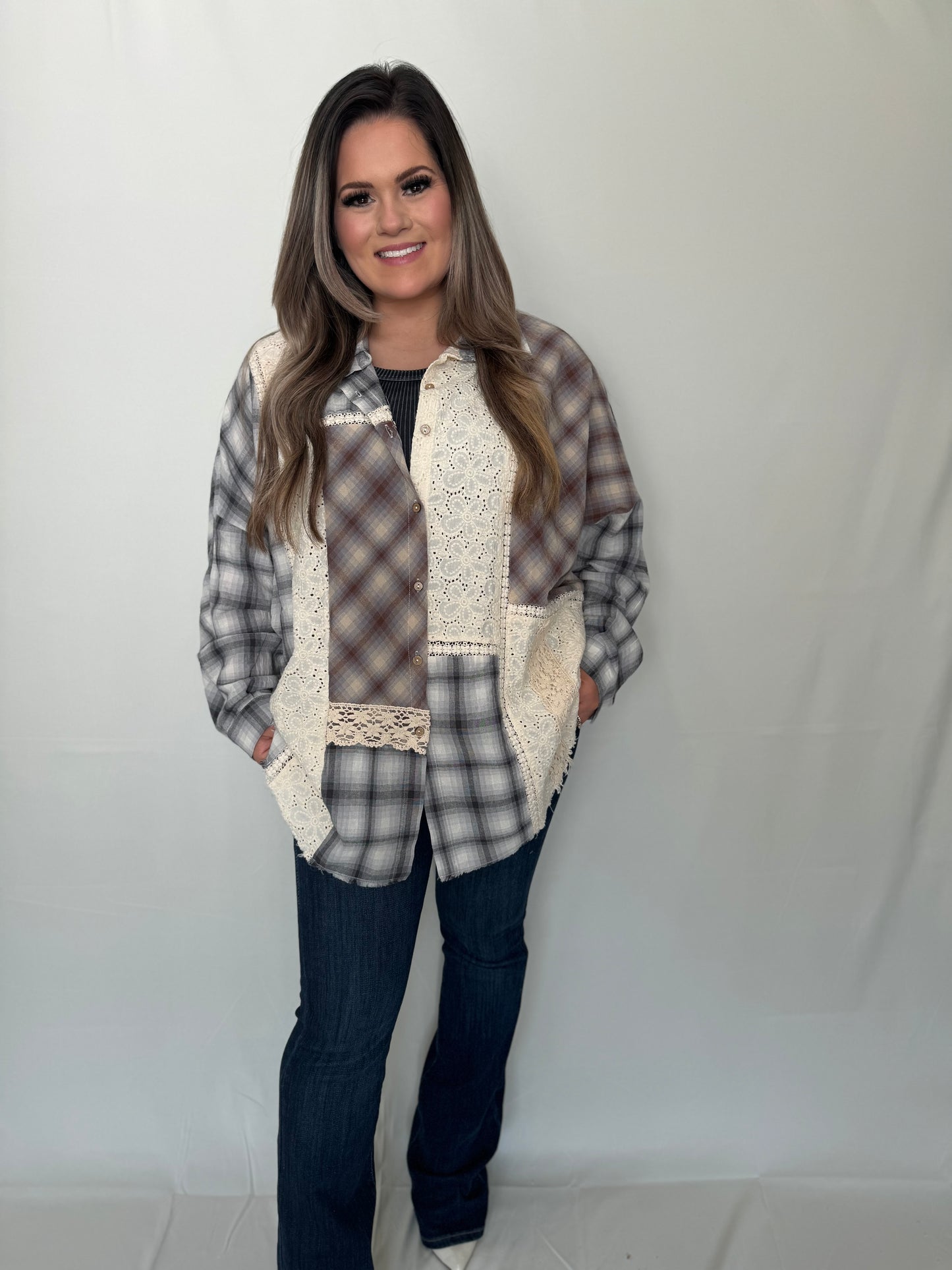 Fabric Mix Button Down Top