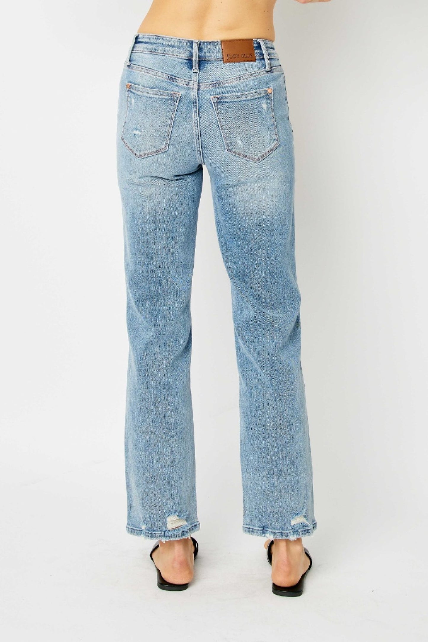 Judy Blue The Eva Mid Rise Medium Wash Straight Jeans with Destroy Detail