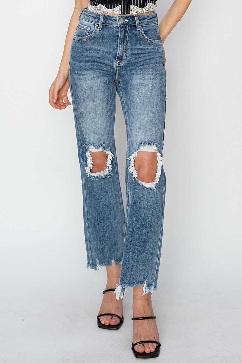 Jolene Risen High Rise Straight Crop Jeans in Medium Wash