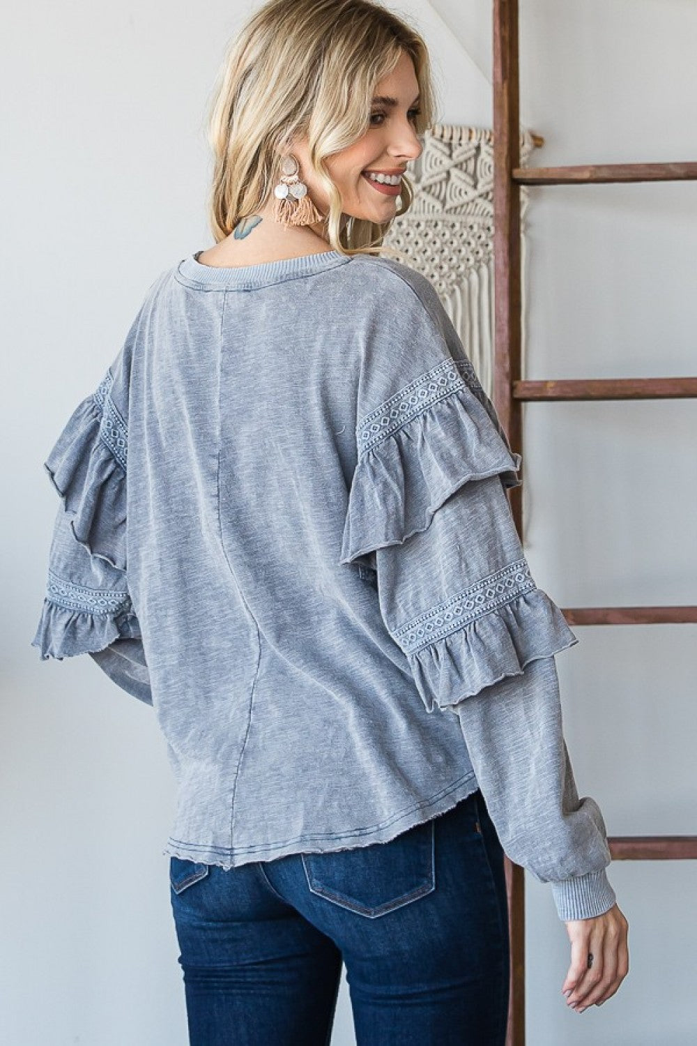 Mineral Washed Ruffle Crochet Sleeves Blouse