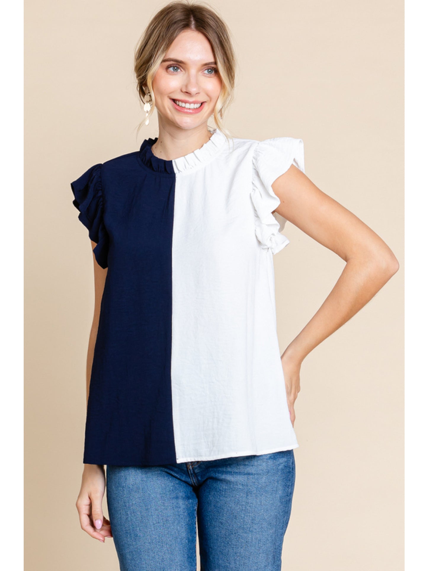 Navy & White Ruffle Color Block Top