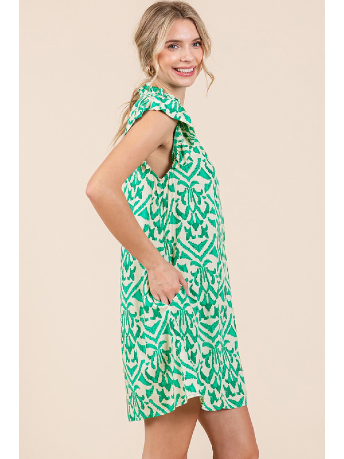 The Elys Print Dress with Frilled Neck in Blue