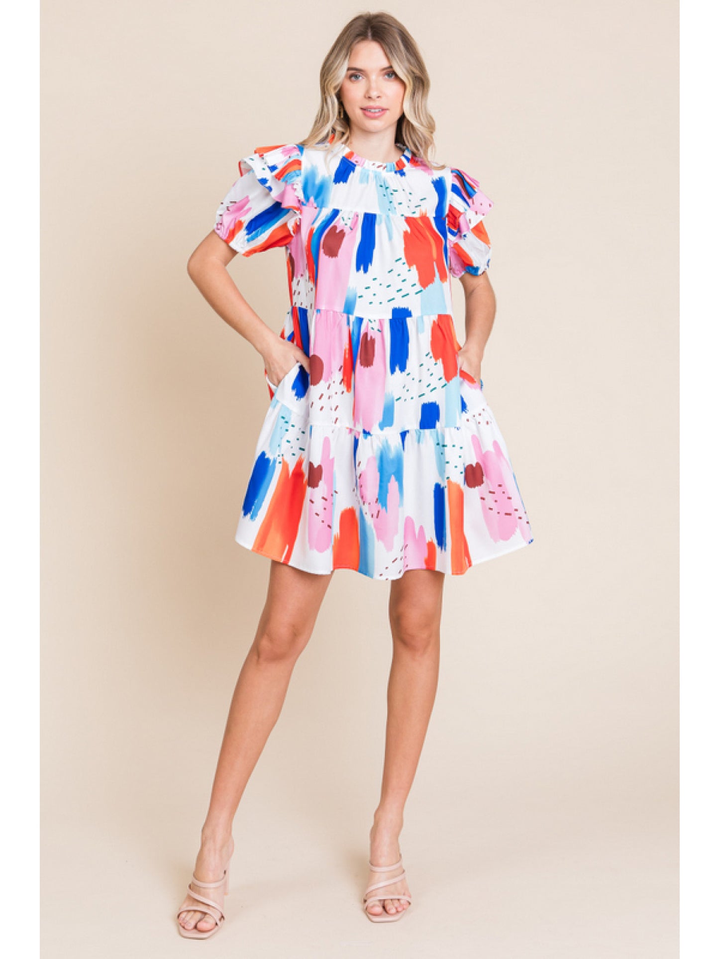 The Paizley Multicolor Frilled Neck Ruffle Sleeve Dress
