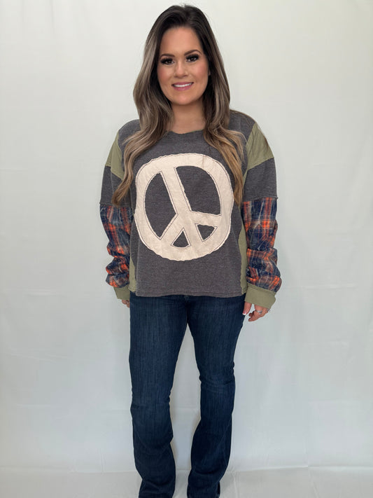 Peace Applique Plaid Sleeve Pullover