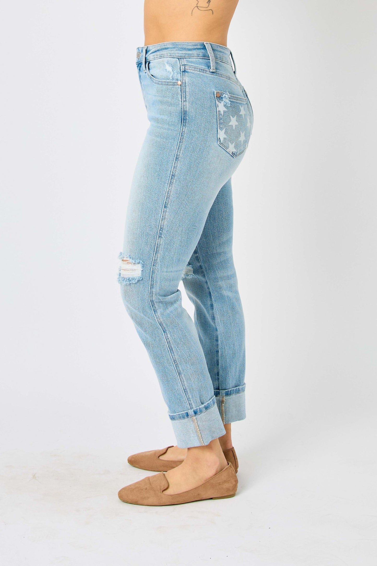 Judy Blue Star Spangled Light Wash Star Pocket Americana Cuffed Boyfriend Jeans