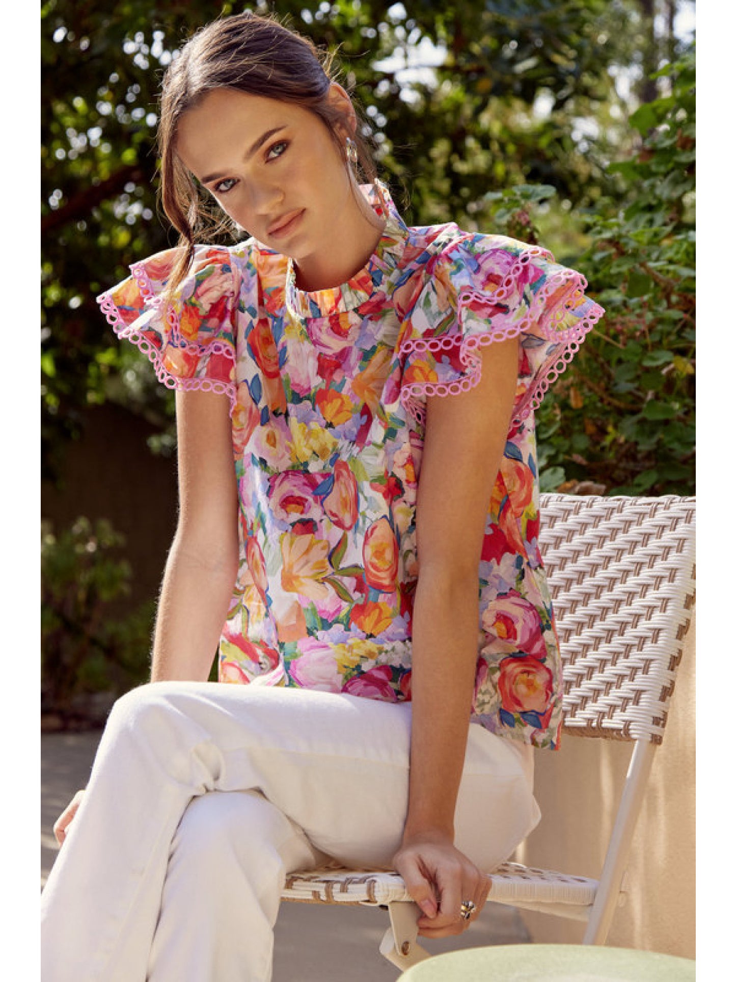 The Holly Eyelet Trim Floral Print Top