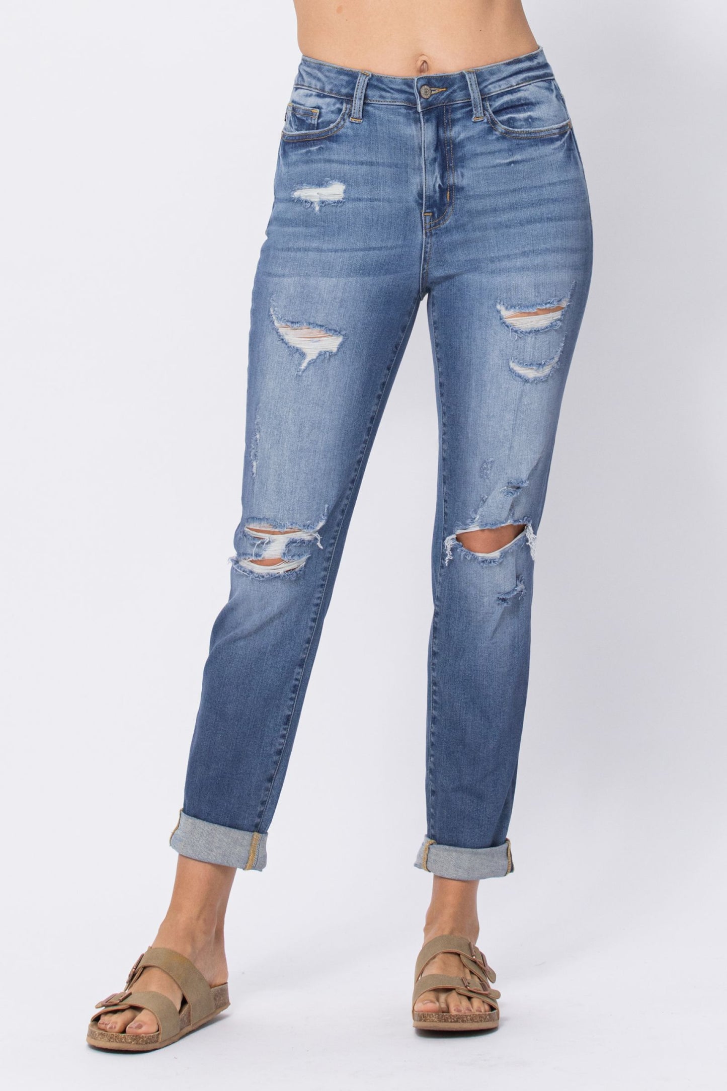 Judy Blue Blame it On Me Light Wash High Waist Distressed Cuffed Boyfriend Jeans