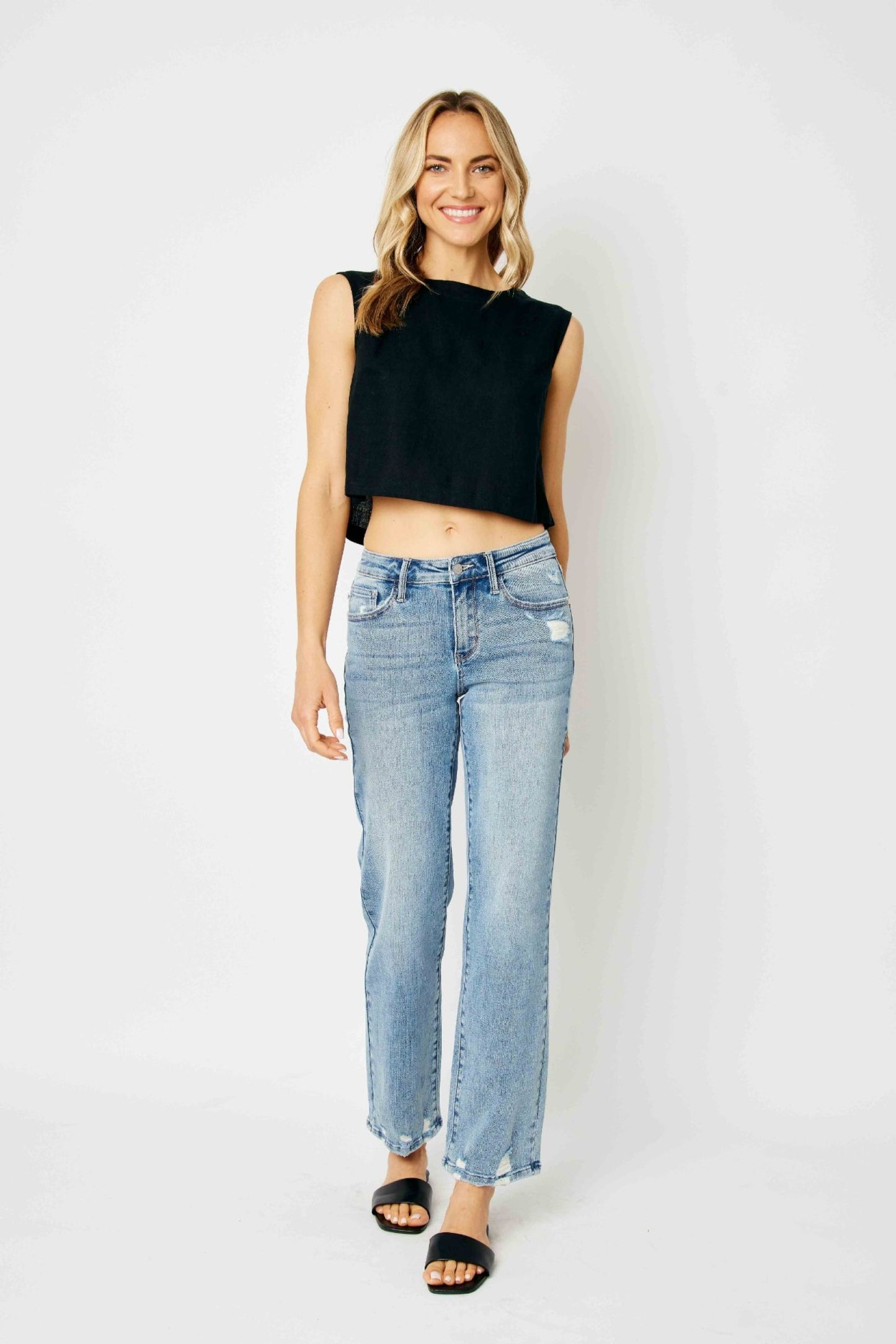 Judy Blue The Eva Mid Rise Medium Wash Straight Jeans with Destroy Detail