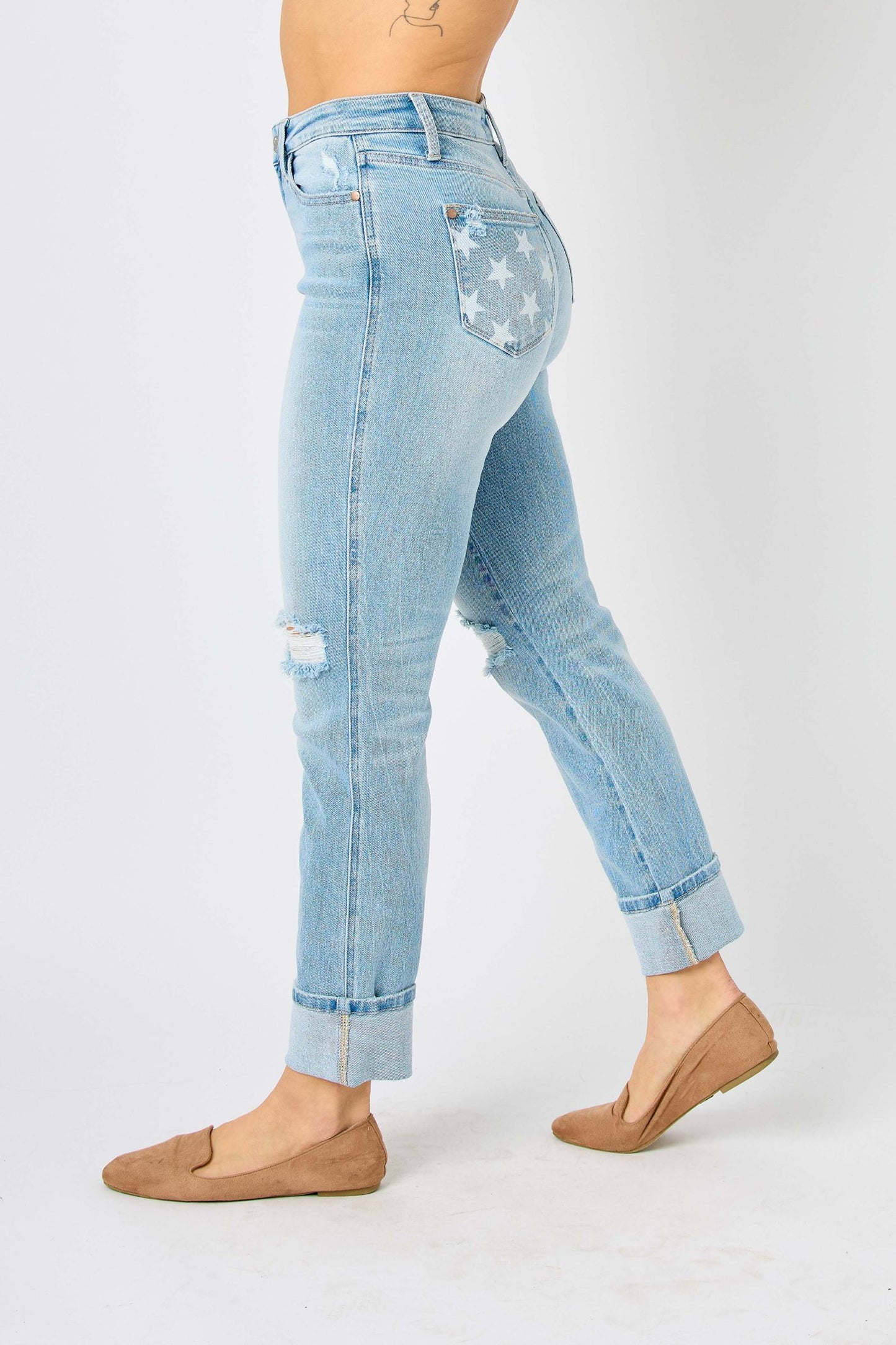 Judy Blue Star Spangled Light Wash Star Pocket Americana Cuffed Boyfriend Jeans