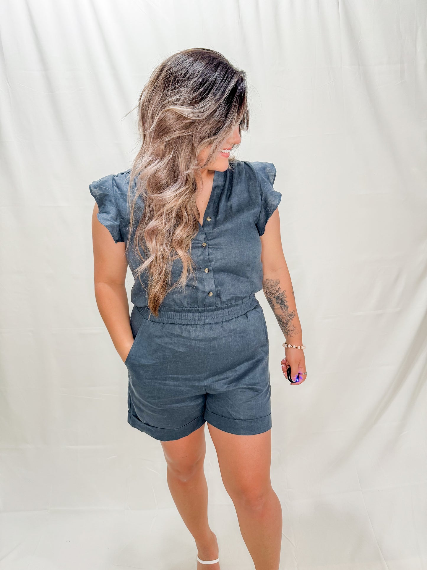 Always Classy Ruffle Sleeve Linen Romper - 2 Colors!