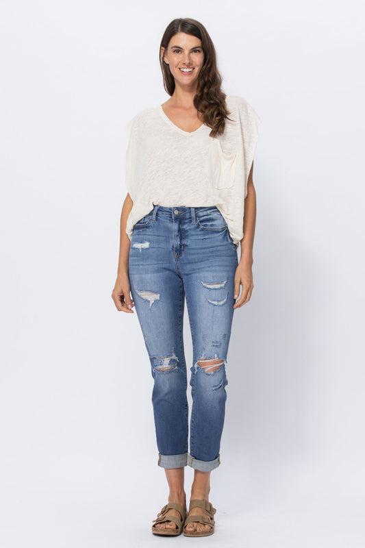 Judy Blue Blame it On Me Light Wash High Waist Distressed Cuffed Boyfriend Jeans