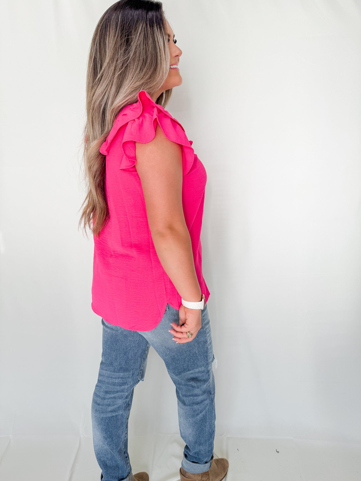 Spring Sweetheart V-Neck Double Layered Flutter Sleeve Blouse with No Lining