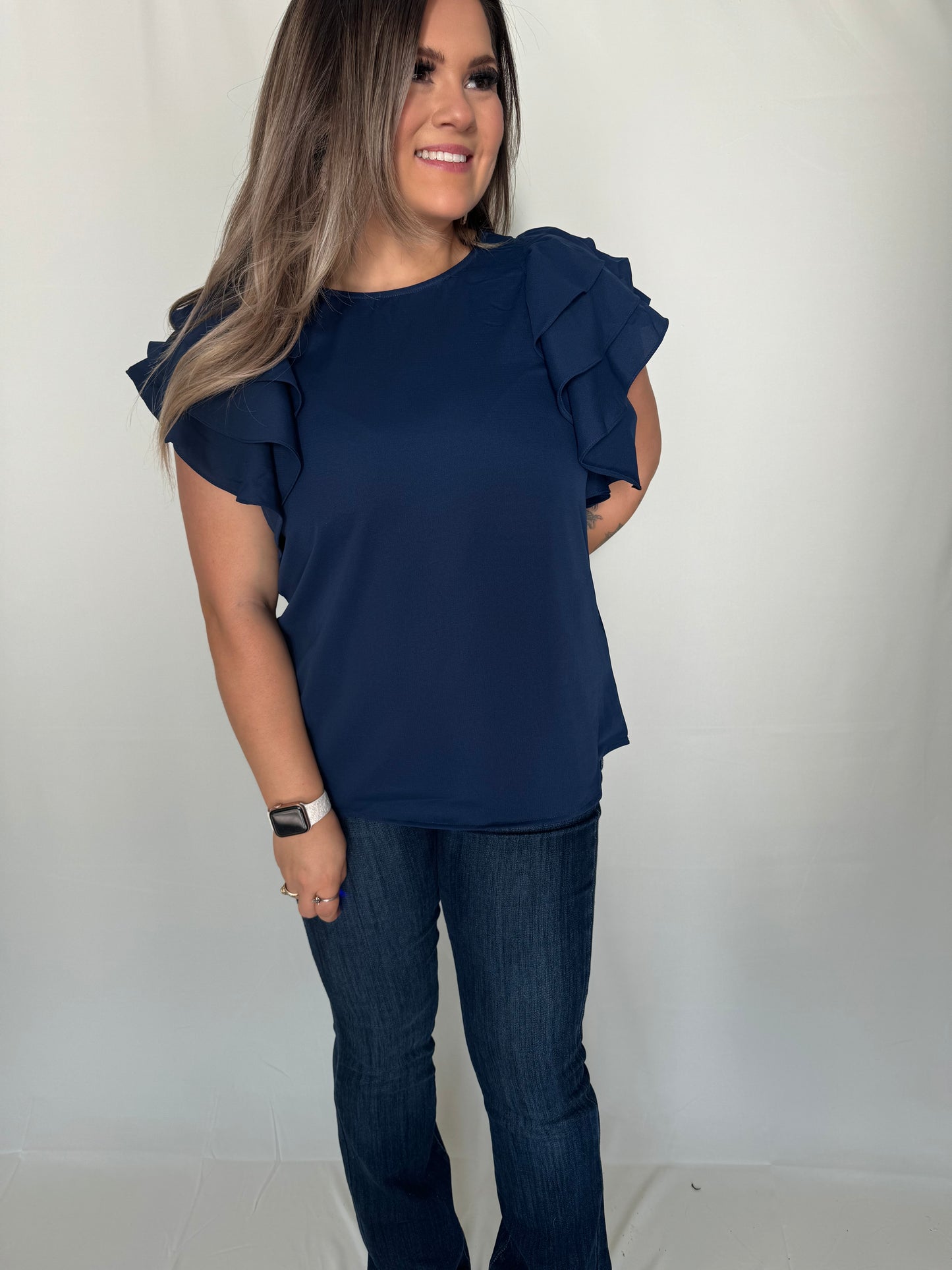 Lady Lion Round Neck Three Ruffle Sleeve Top with Keyhole