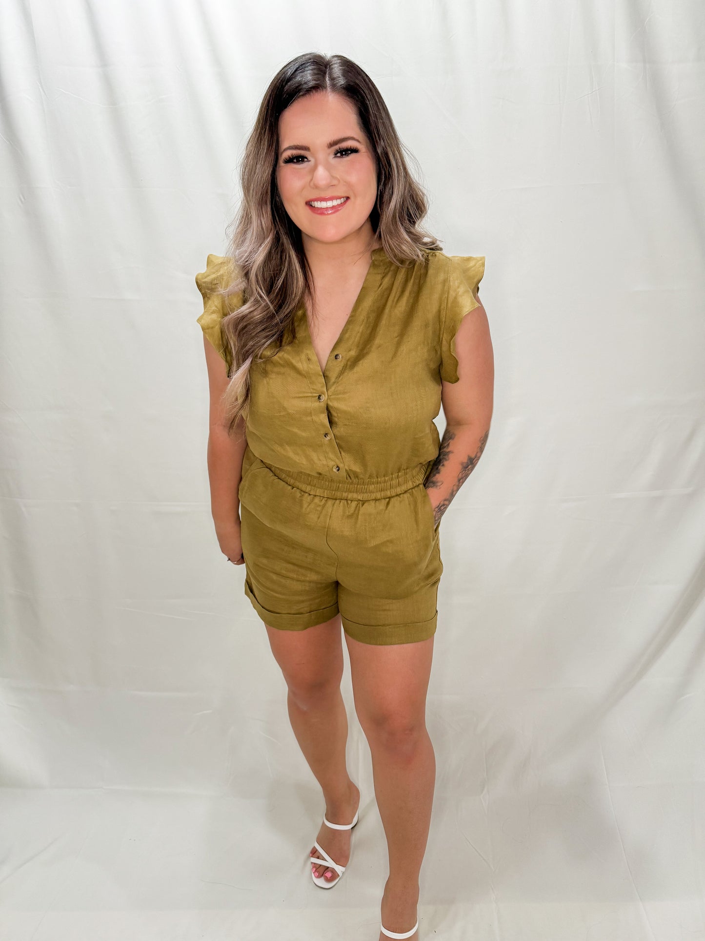 Always Classy Ruffle Sleeve Linen Romper - 2 Colors!