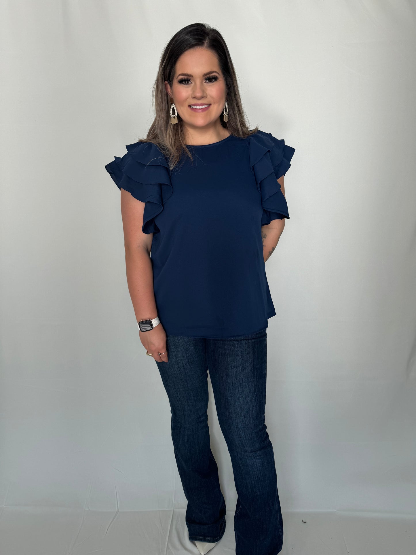 Lady Lion Round Neck Three Ruffle Sleeve Top with Keyhole