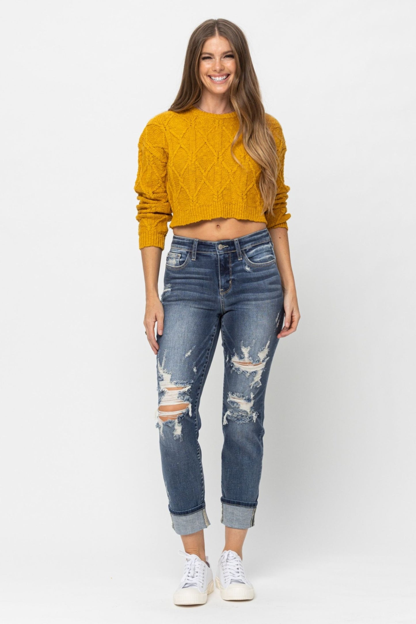 Judy Blue The Allie Dark Wash Mid Rise Distressed Cuffed Boyfriend Jeans