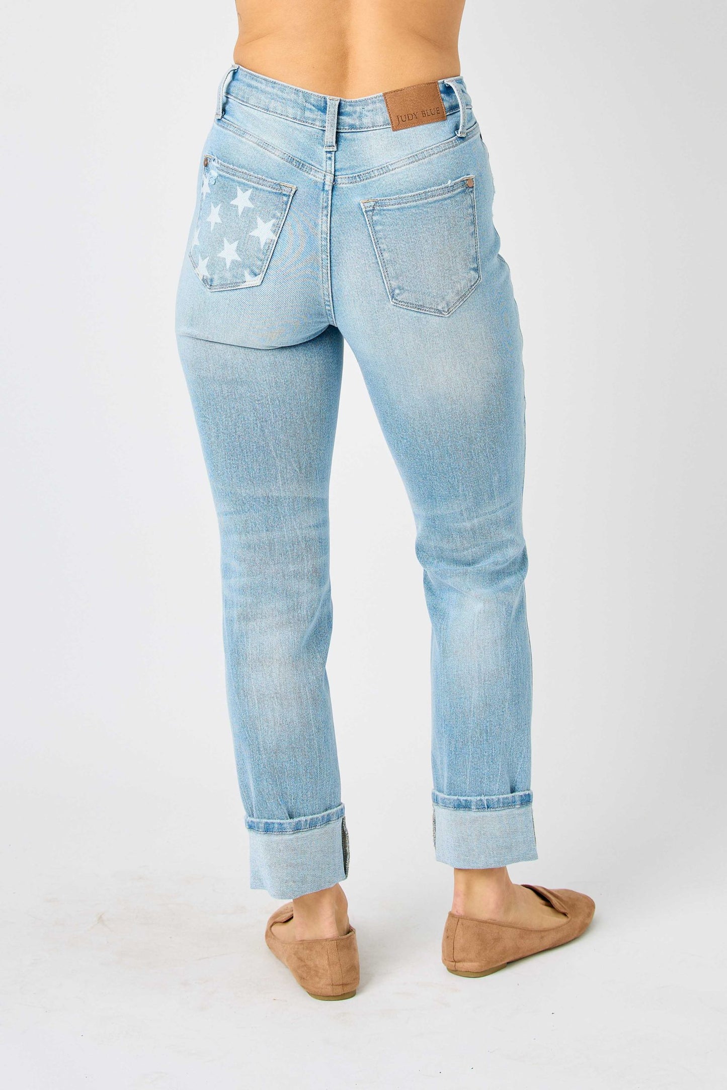 Judy Blue Star Spangled Light Wash Star Pocket Americana Cuffed Boyfriend Jeans