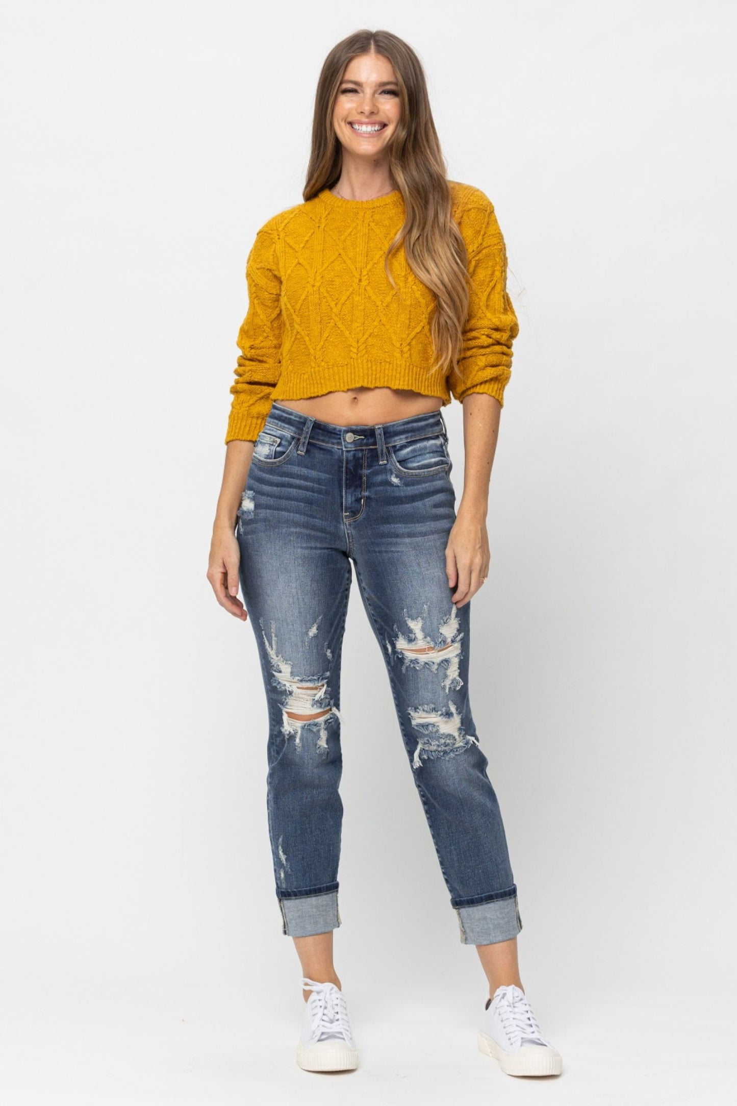 Judy Blue The Allie Dark Wash Mid Rise Distressed Cuffed Boyfriend Jeans