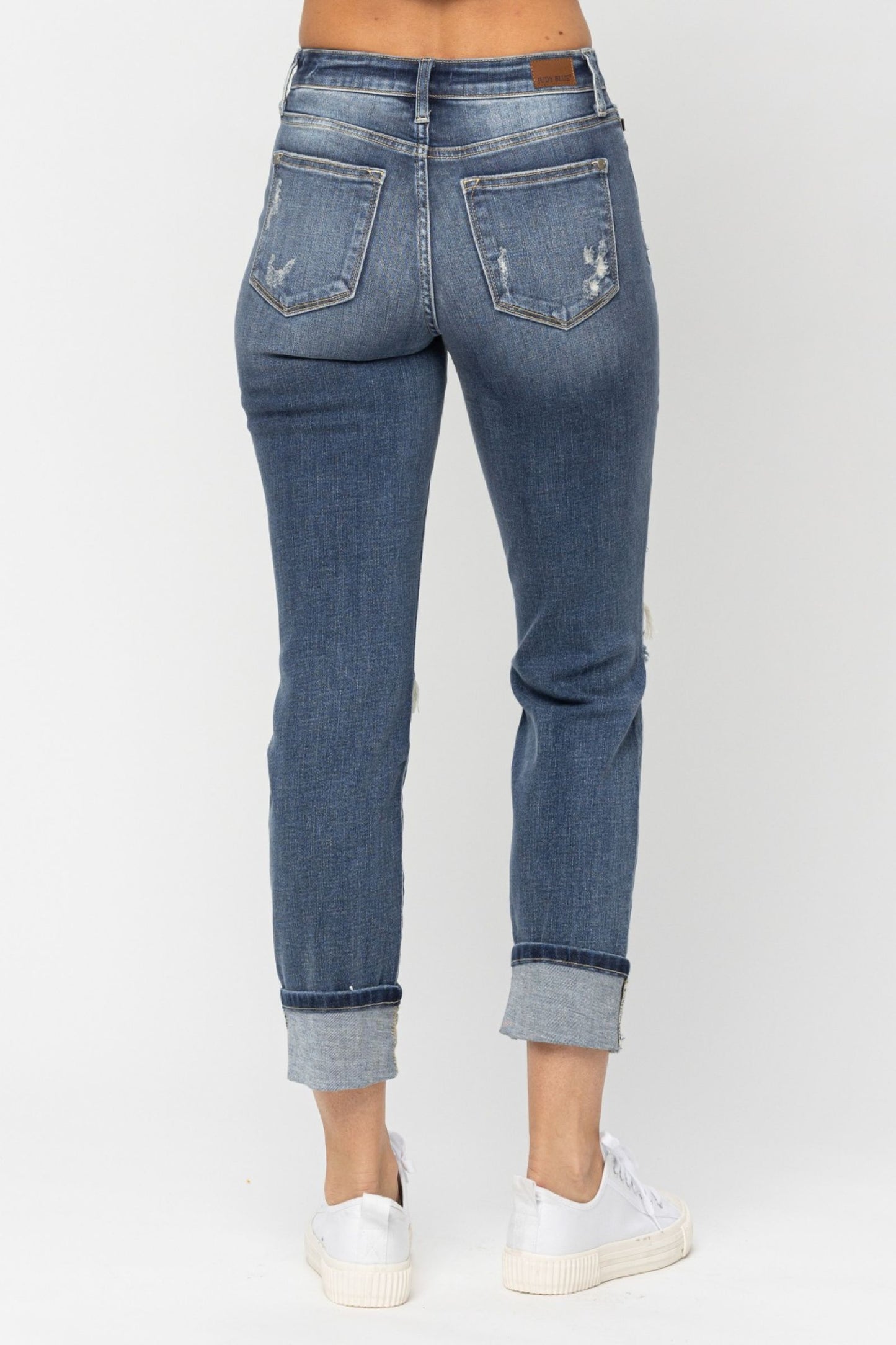 Judy Blue The Allie Dark Wash Mid Rise Distressed Cuffed Boyfriend Jeans