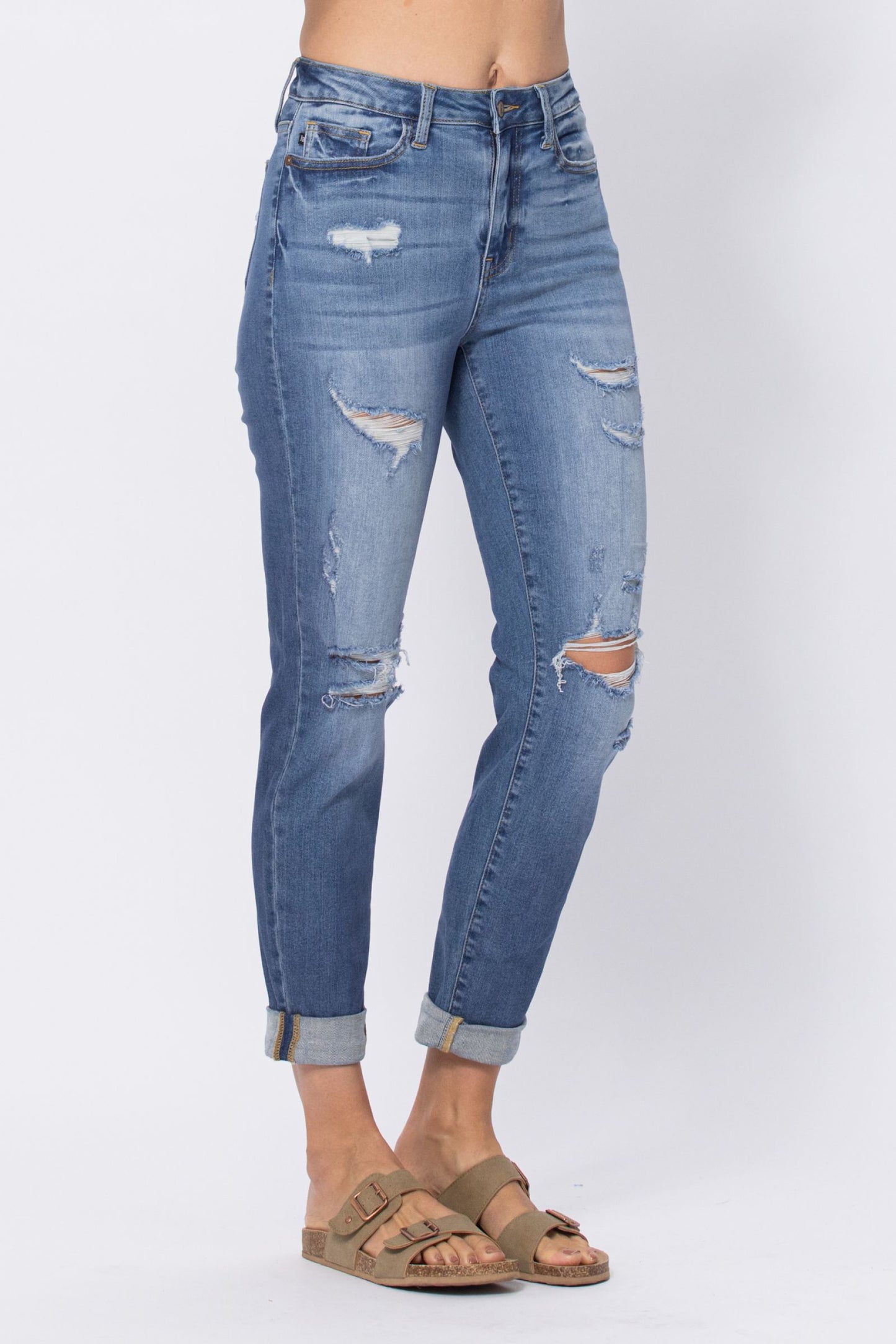 Judy Blue Blame it On Me Light Wash High Waist Distressed Cuffed Boyfriend Jeans