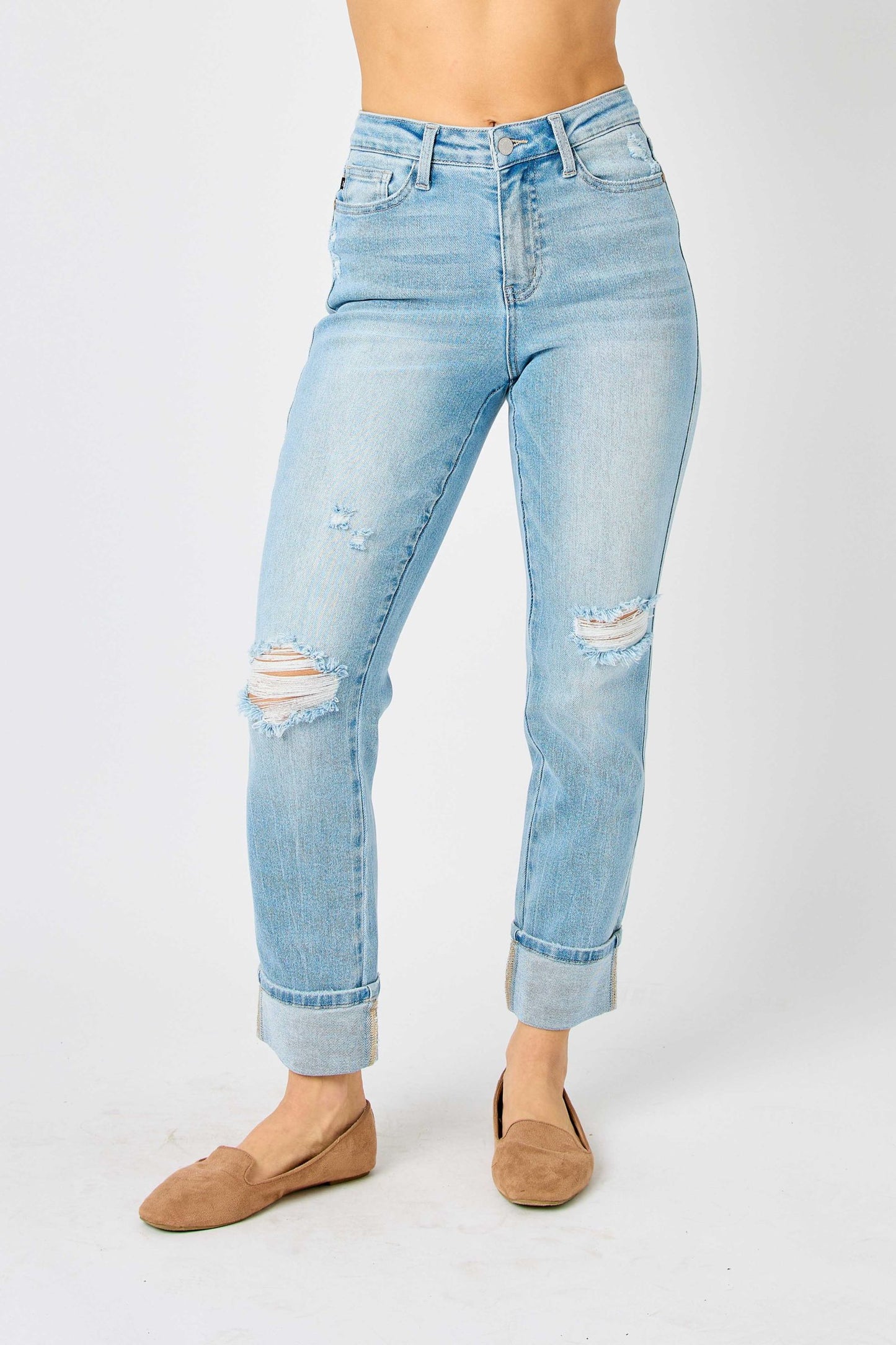 Judy Blue Star Spangled Light Wash Star Pocket Americana Cuffed Boyfriend Jeans