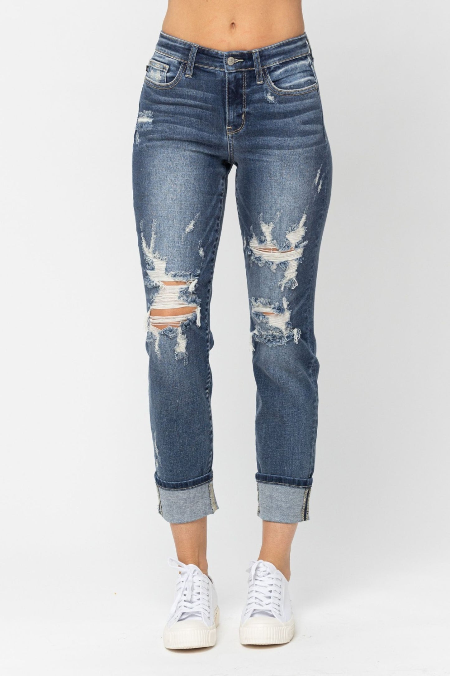 Judy Blue The Allie Dark Wash Mid Rise Distressed Cuffed Boyfriend Jeans