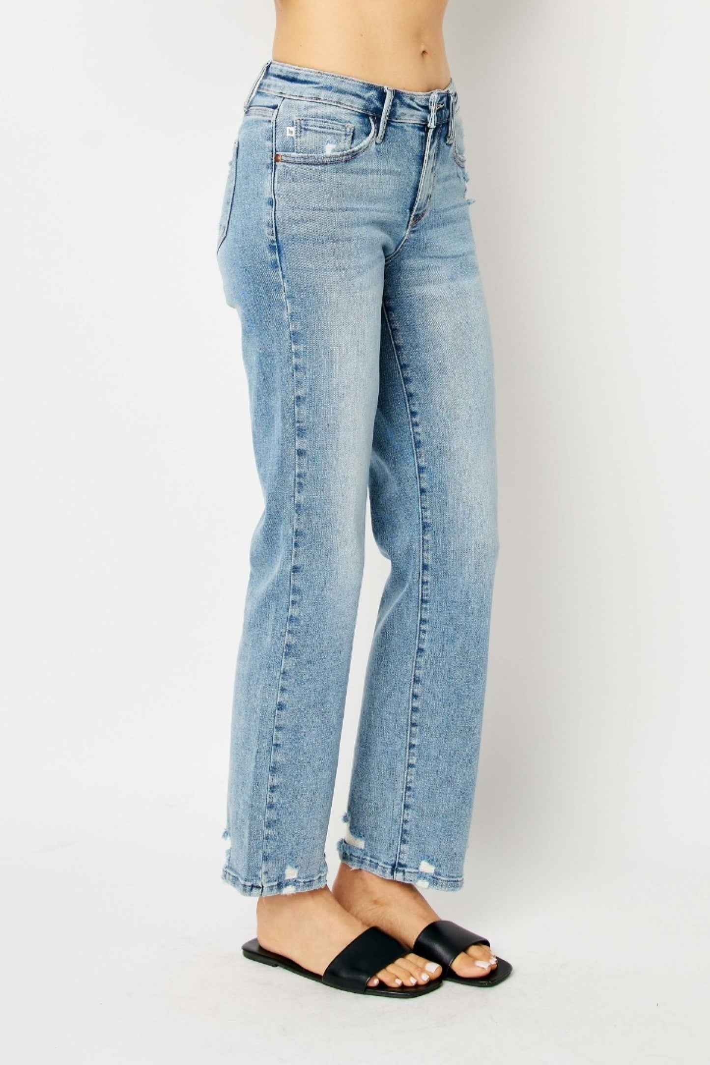 Judy Blue The Eva Mid Rise Medium Wash Straight Jeans with Destroy Detail