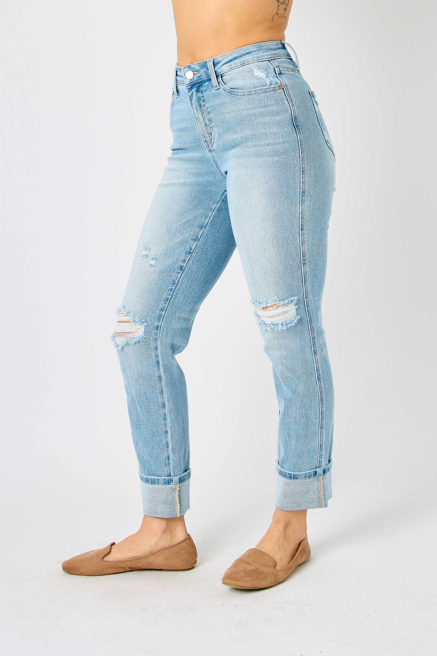 Judy Blue Star Spangled Light Wash Star Pocket Americana Cuffed Boyfriend Jeans