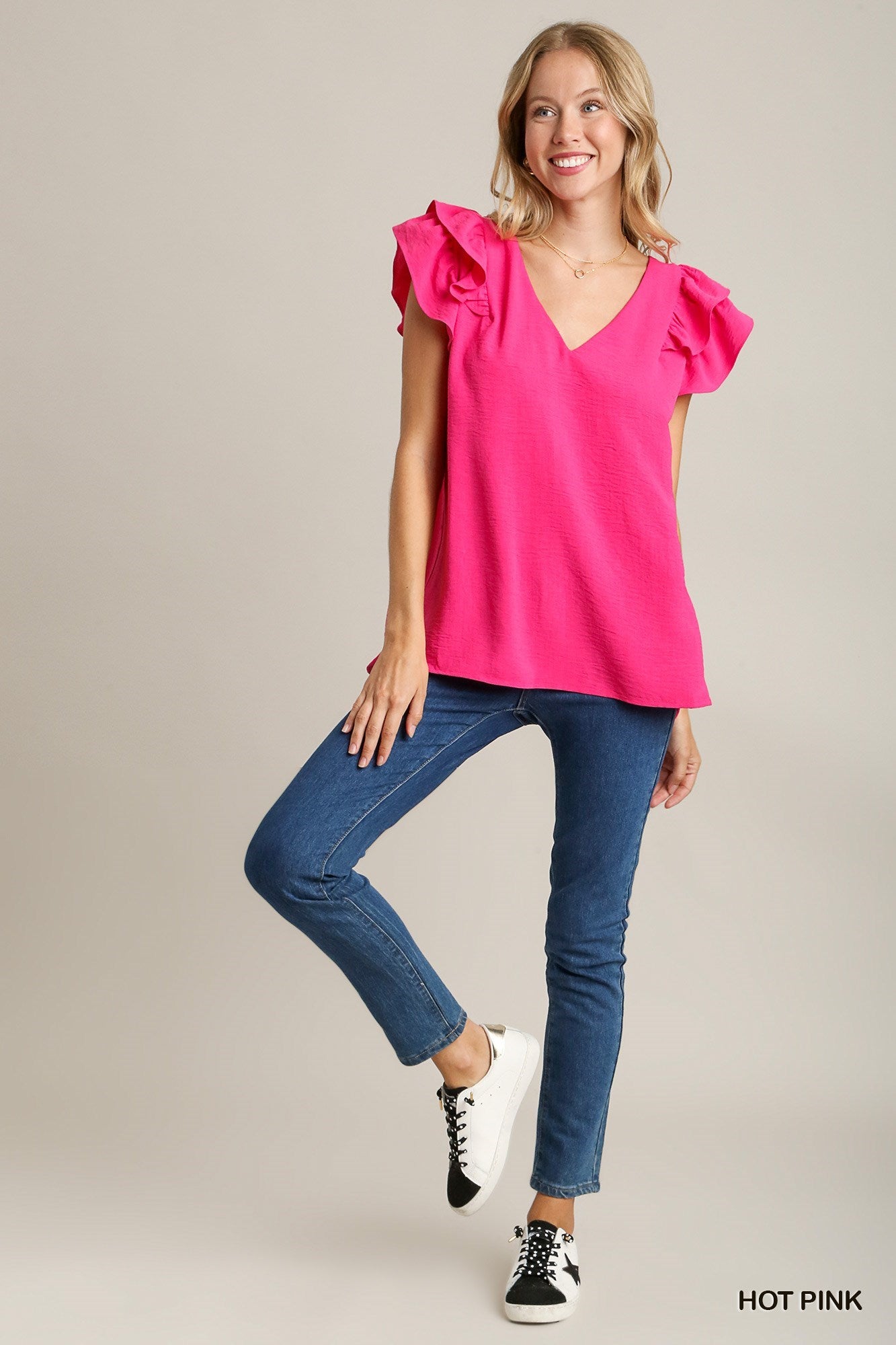 Spring Sweetheart V-Neck Double Layered Flutter Sleeve Blouse with No Lining