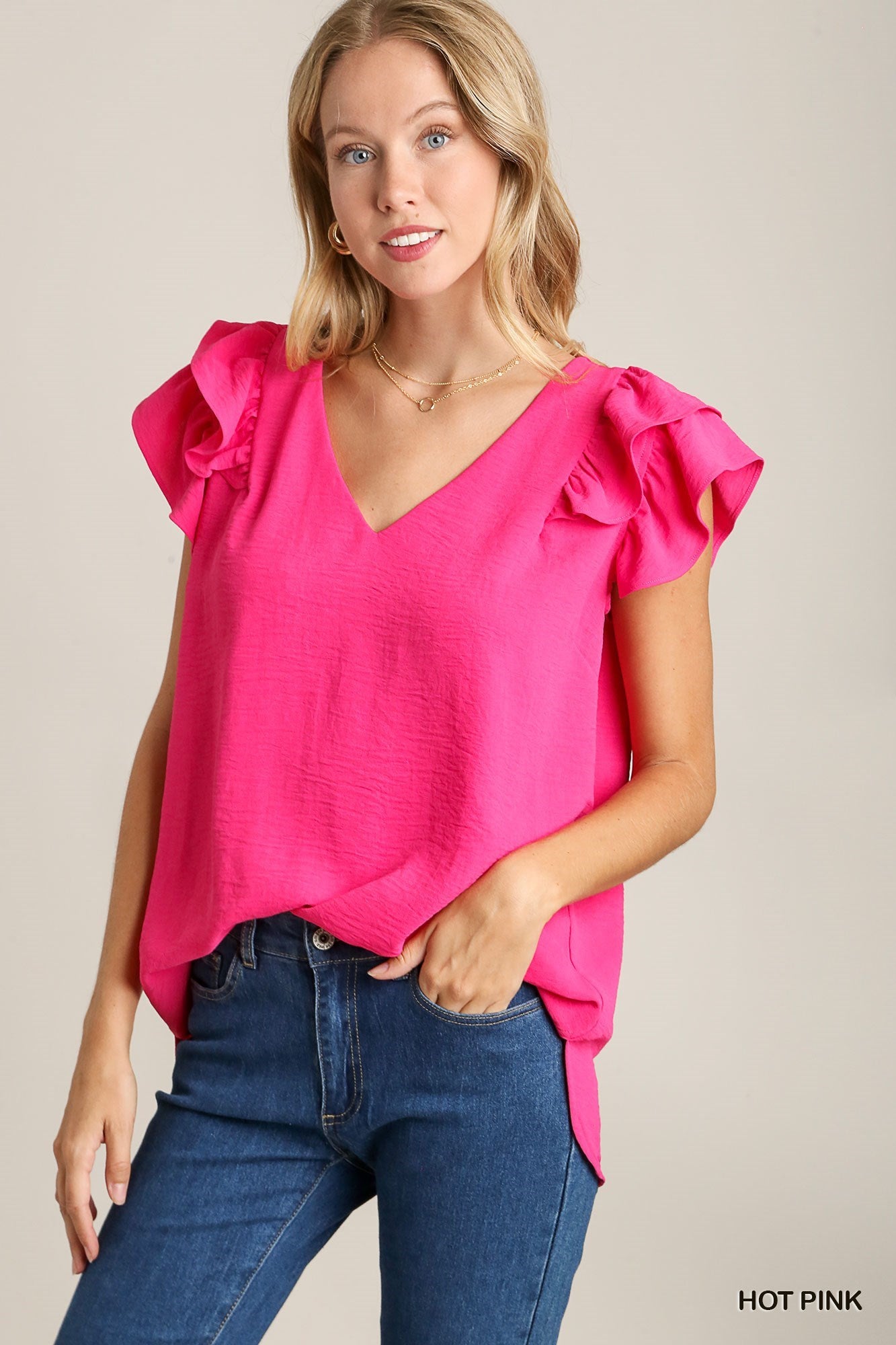 Spring Sweetheart V-Neck Double Layered Flutter Sleeve Blouse with No Lining