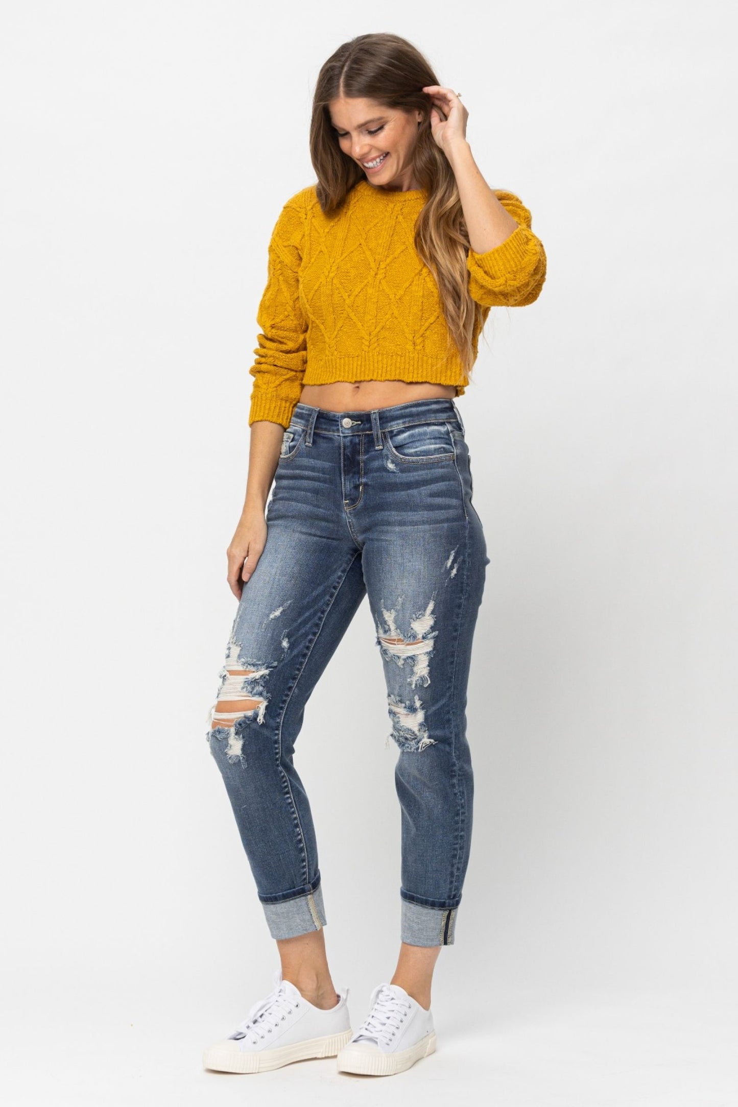 Judy Blue The Allie Dark Wash Mid Rise Distressed Cuffed Boyfriend Jeans