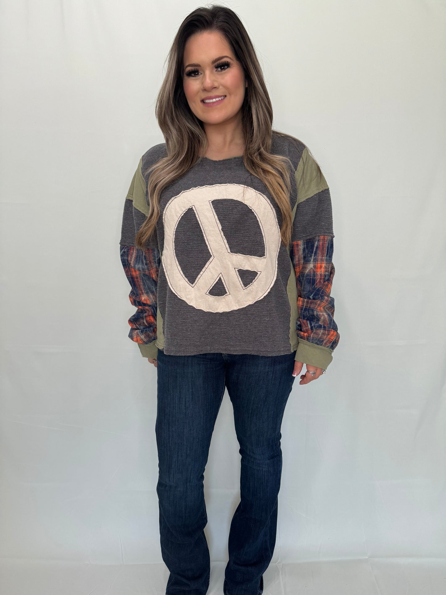 Peace Applique Plaid Sleeve Pullover