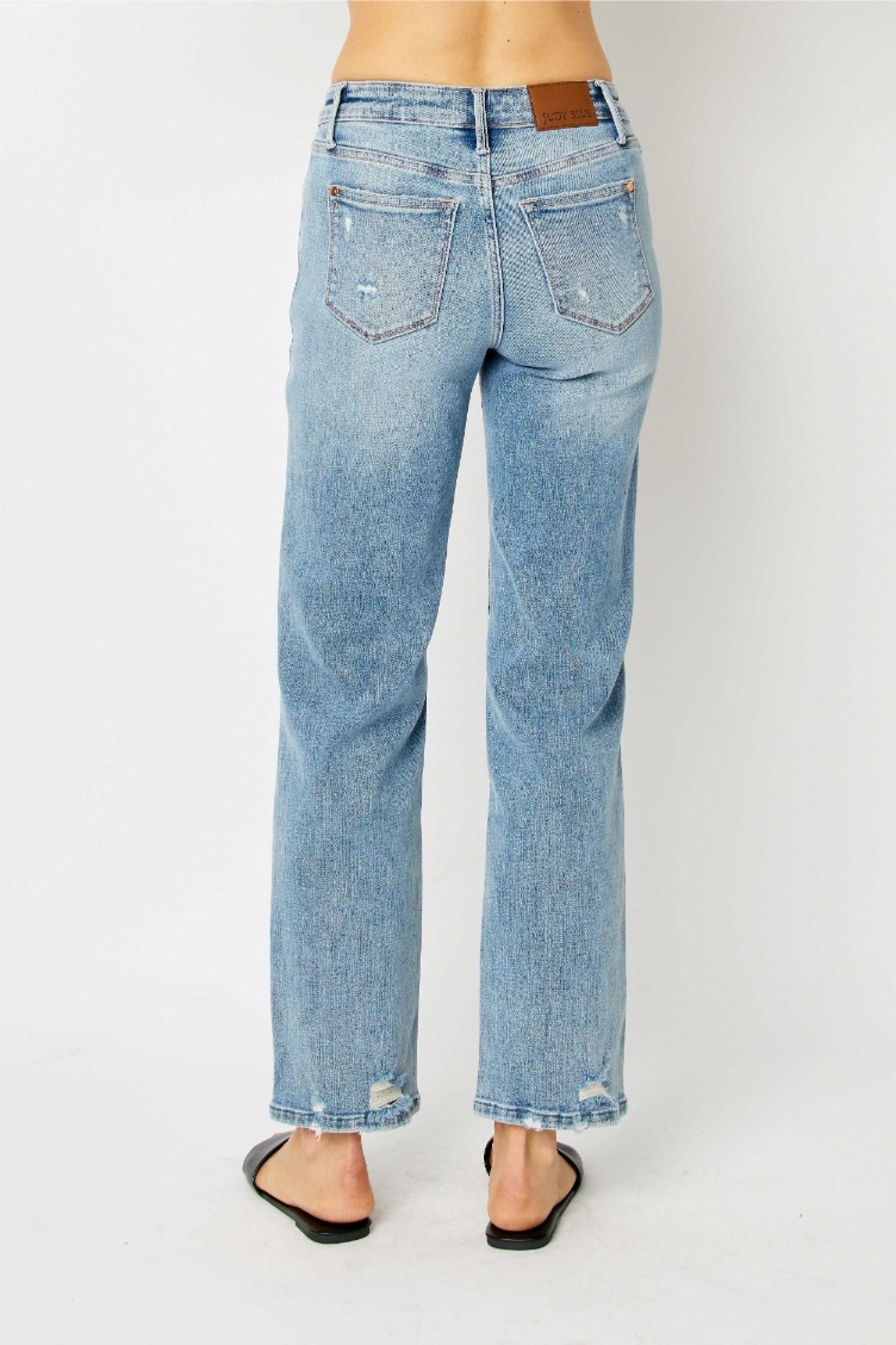 Judy Blue The Eva Mid Rise Medium Wash Straight Jeans with Destroy Detail