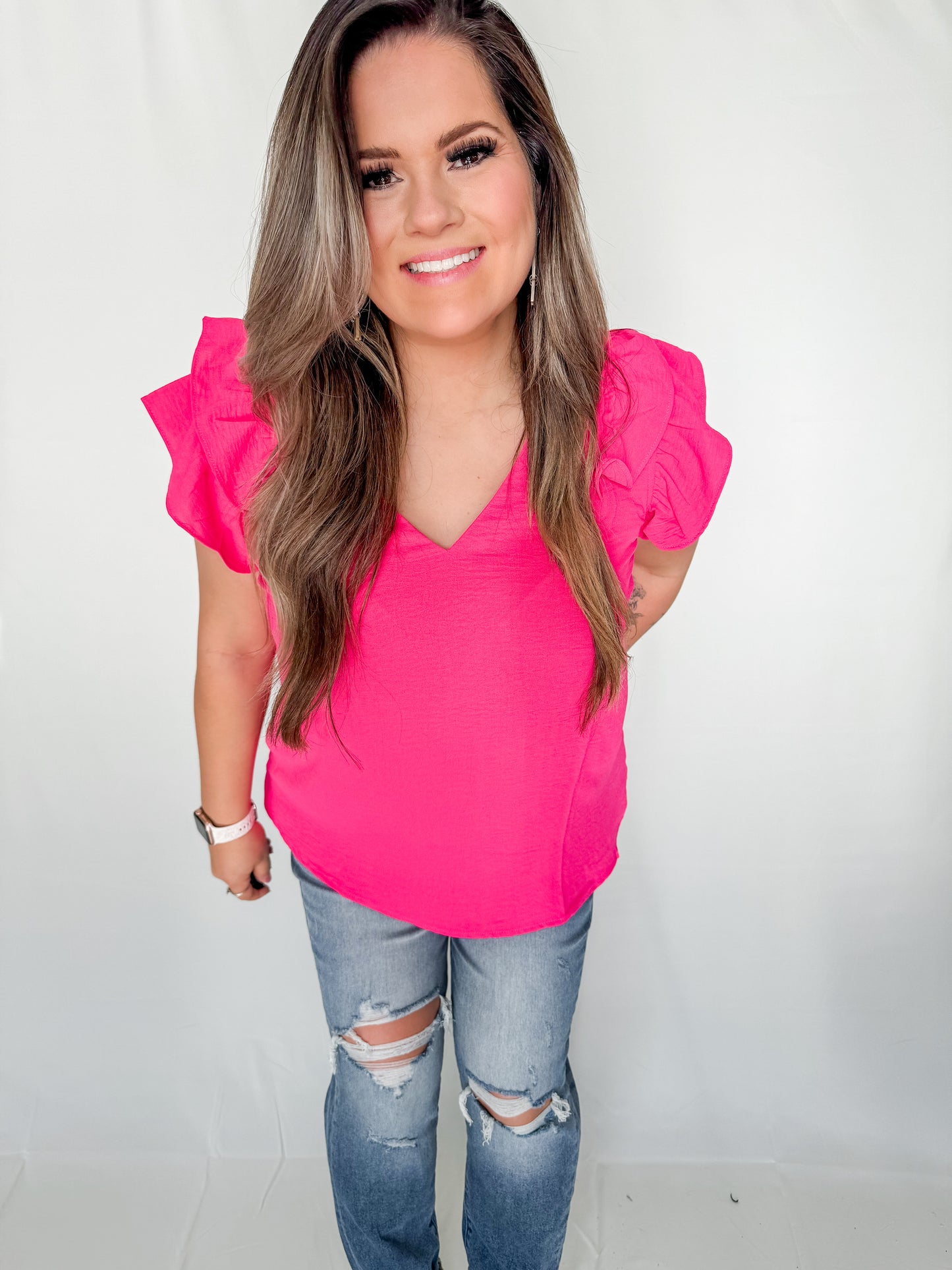 Spring Sweetheart V-Neck Double Layered Flutter Sleeve Blouse with No Lining