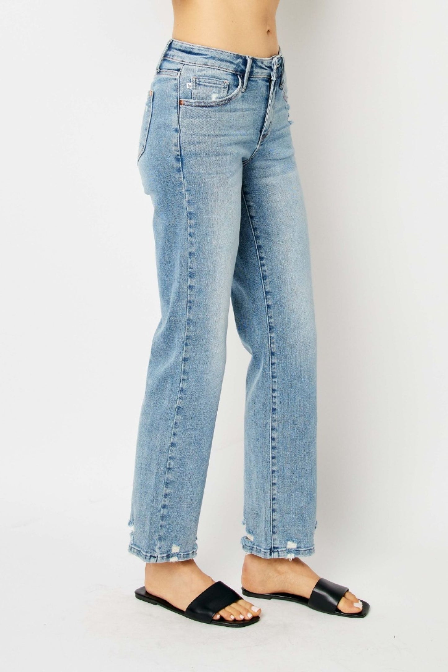 Judy Blue The Eva Mid Rise Medium Wash Straight Jeans with Destroy Detail