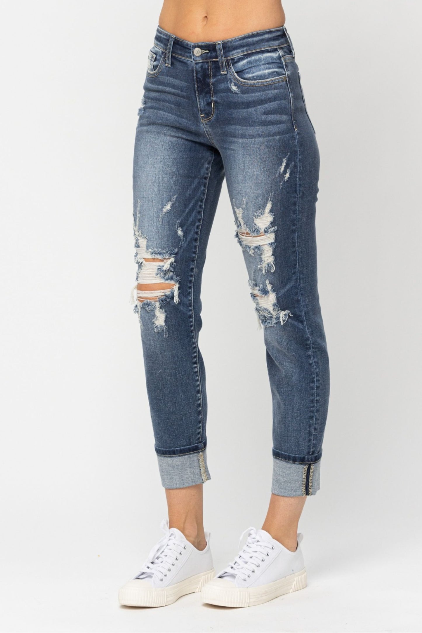 Judy Blue The Allie Dark Wash Mid Rise Distressed Cuffed Boyfriend Jeans