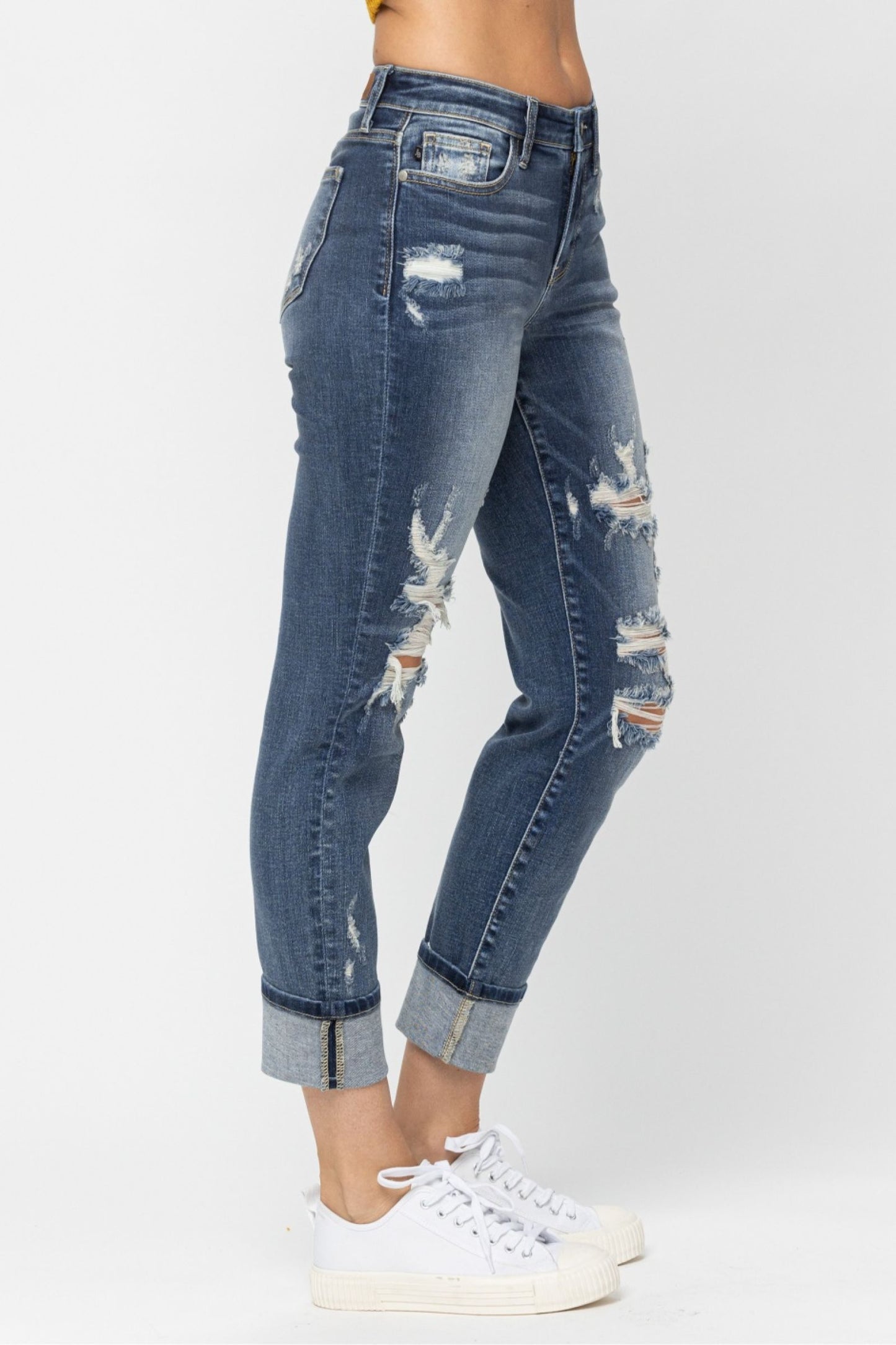 Judy Blue The Allie Dark Wash Mid Rise Distressed Cuffed Boyfriend Jeans