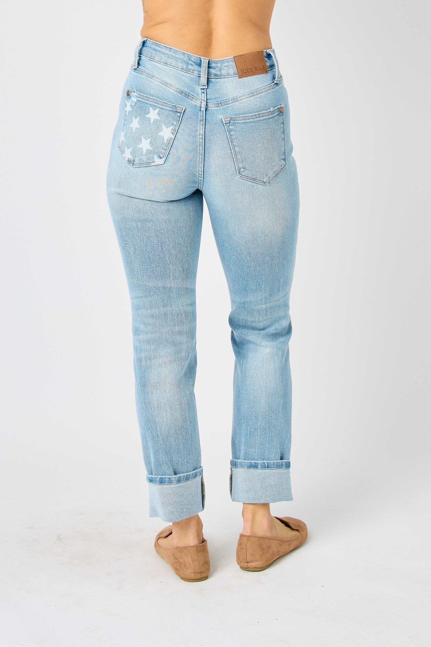 Judy Blue Star Spangled Light Wash Star Pocket Americana Cuffed Boyfriend Jeans