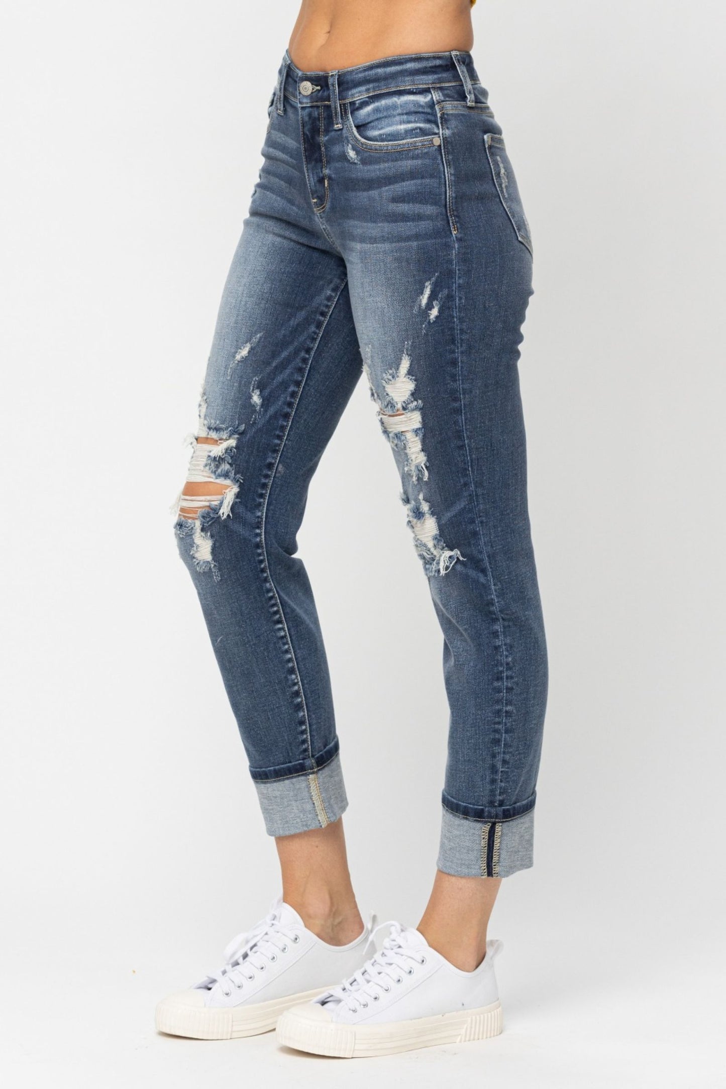 Judy Blue The Allie Dark Wash Mid Rise Distressed Cuffed Boyfriend Jeans