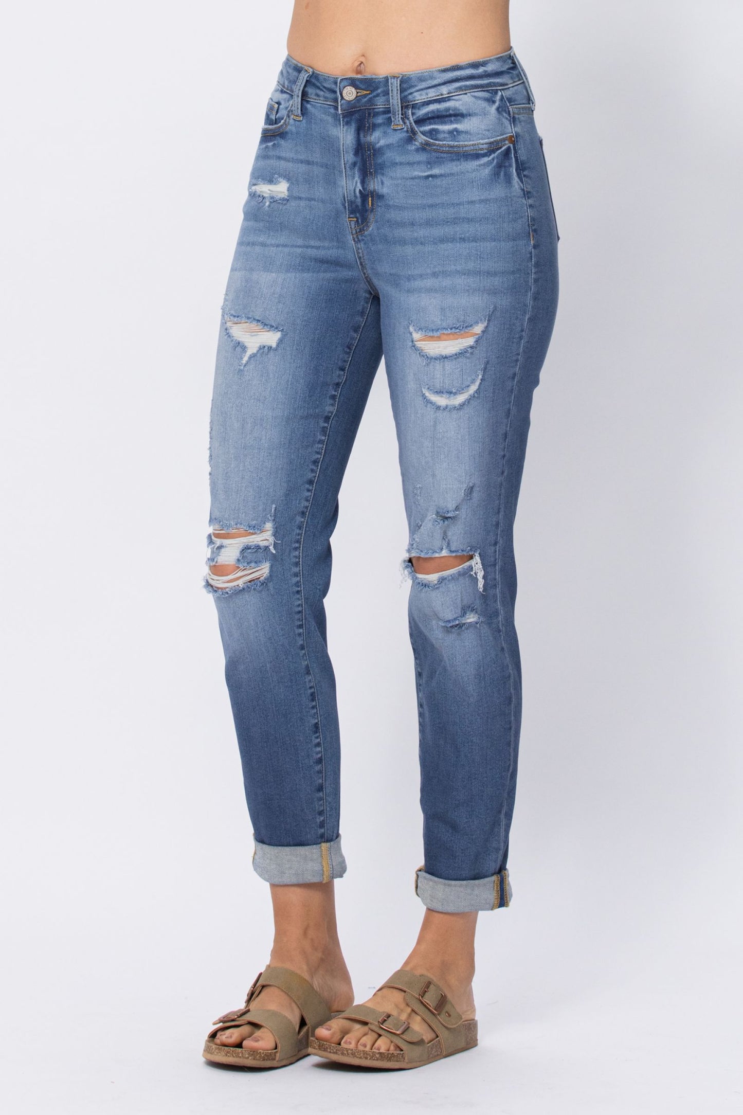 Judy Blue Blame it On Me Light Wash High Waist Distressed Cuffed Boyfriend Jeans