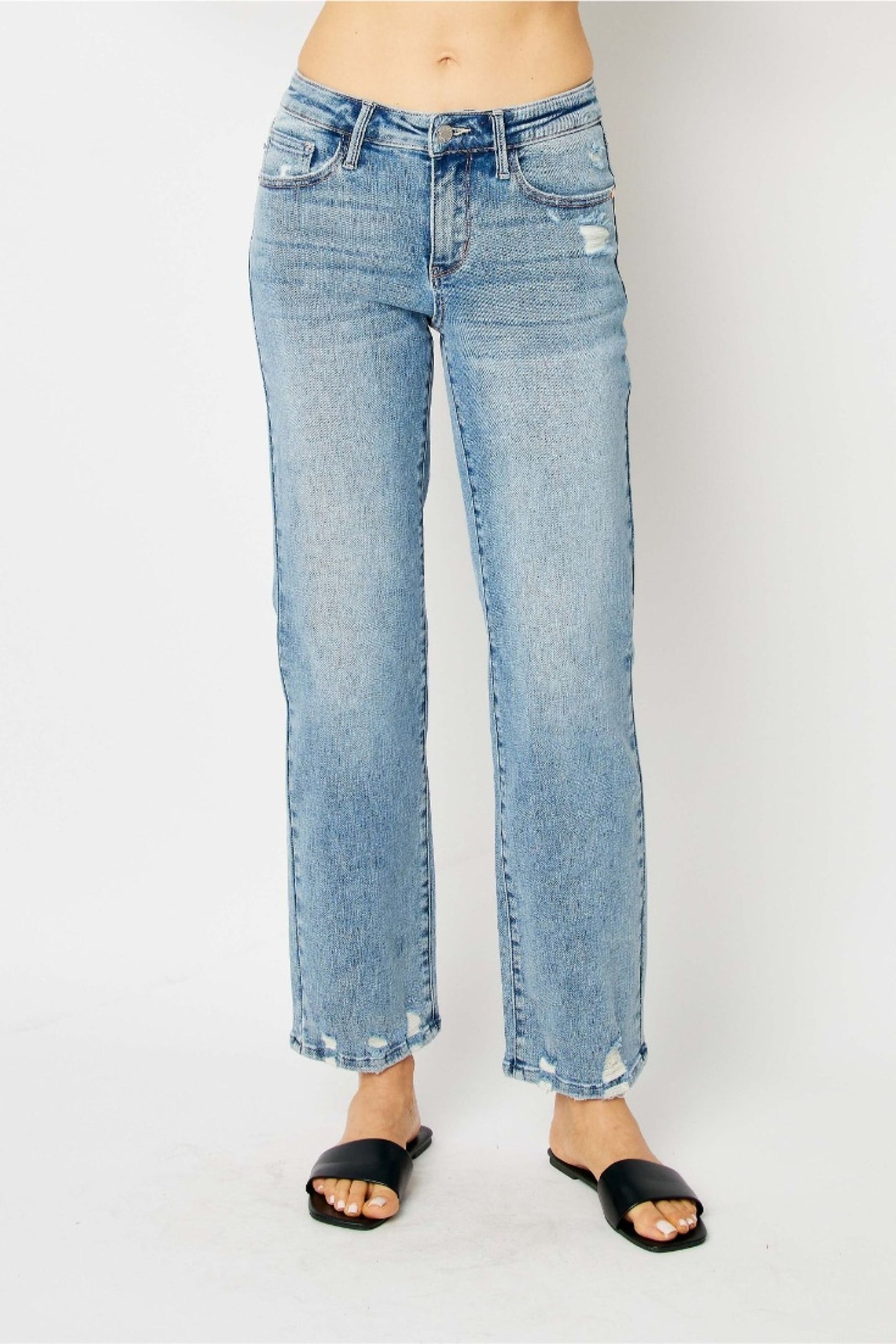 Judy Blue The Eva Mid Rise Medium Wash Straight Jeans with Destroy Detail