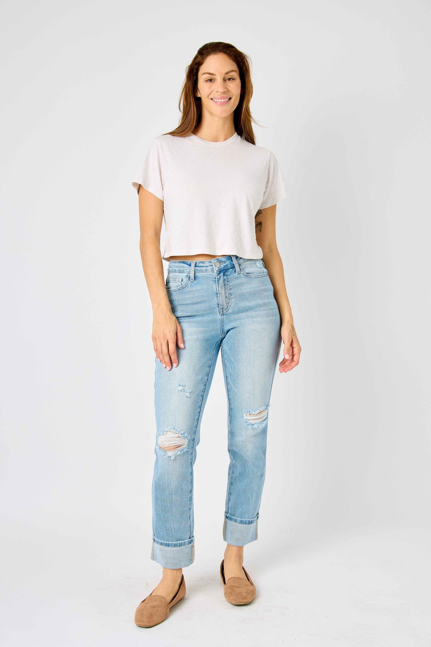 Judy Blue Star Spangled Light Wash Star Pocket Americana Cuffed Boyfriend Jeans