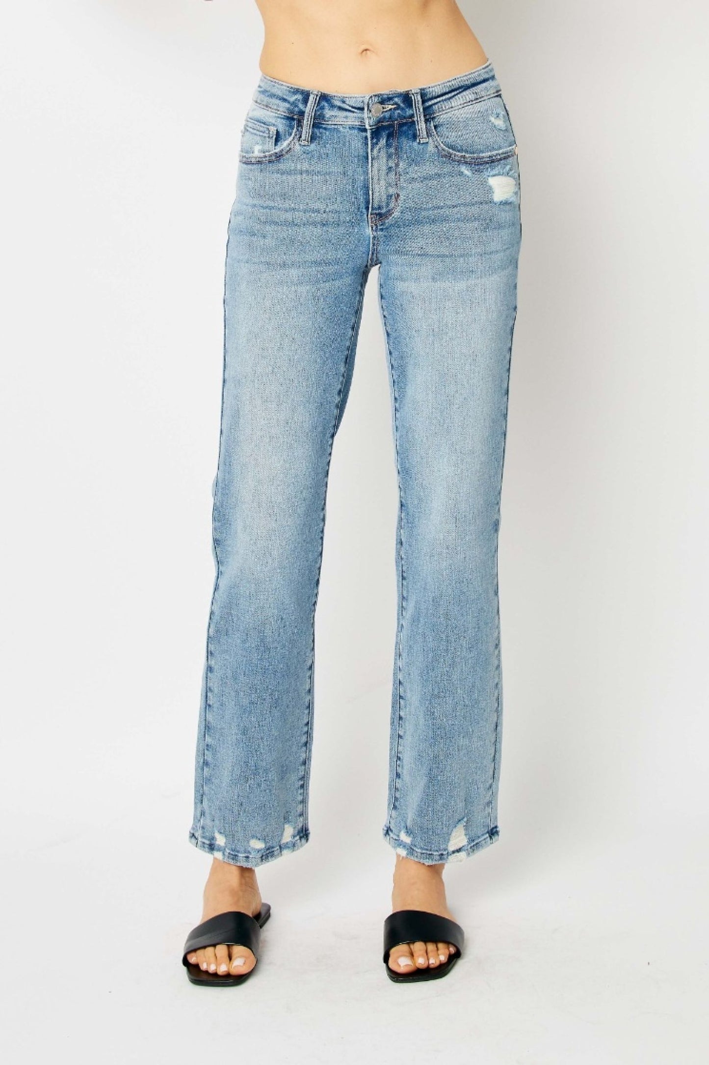 Judy Blue The Eva Mid Rise Medium Wash Straight Jeans with Destroy Detail