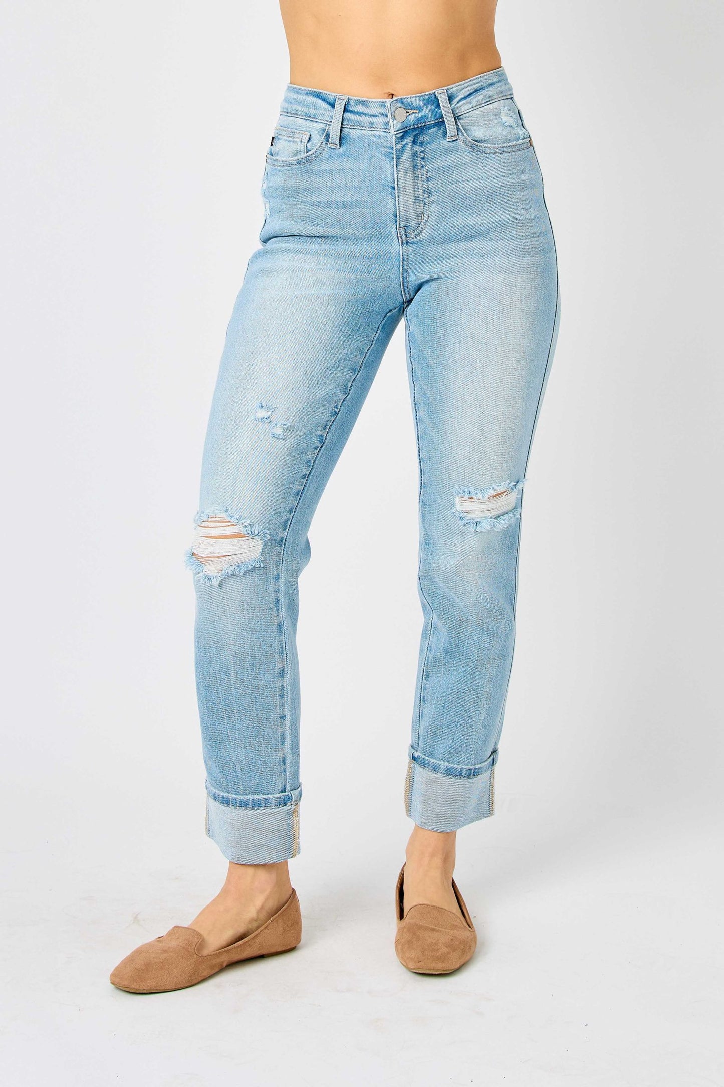 Judy Blue Star Spangled Light Wash Star Pocket Americana Cuffed Boyfriend Jeans