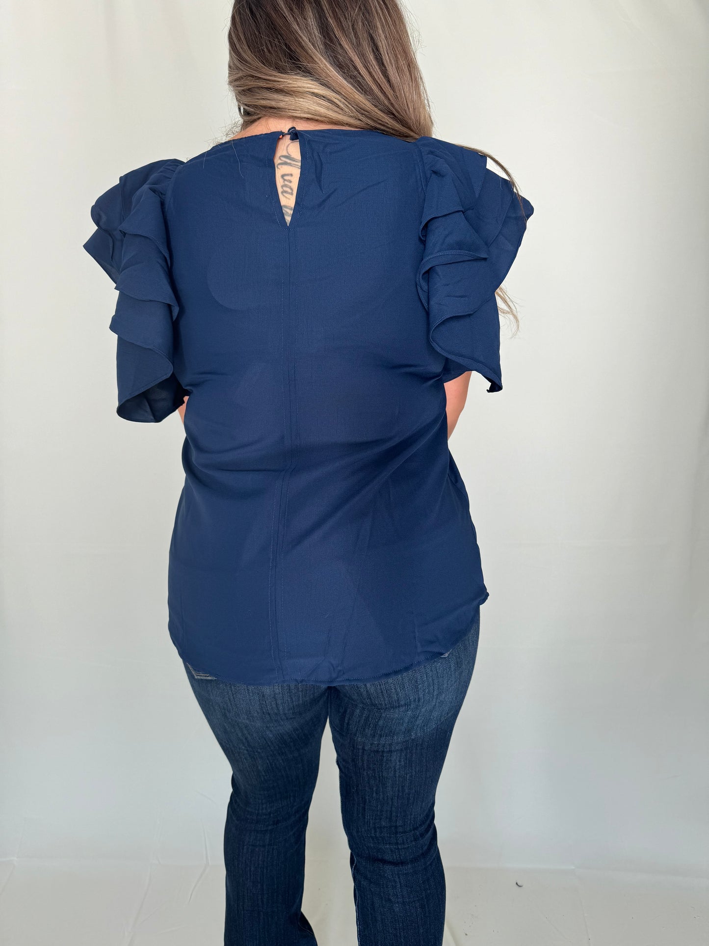 Lady Lion Round Neck Three Ruffle Sleeve Top with Keyhole