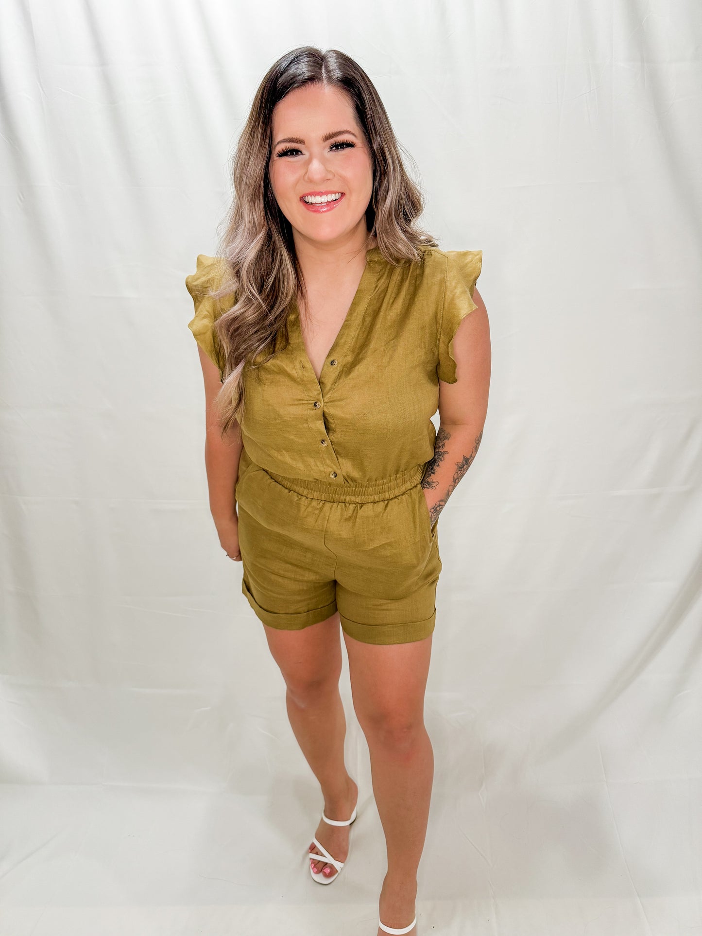 Always Classy Ruffle Sleeve Linen Romper - 2 Colors!