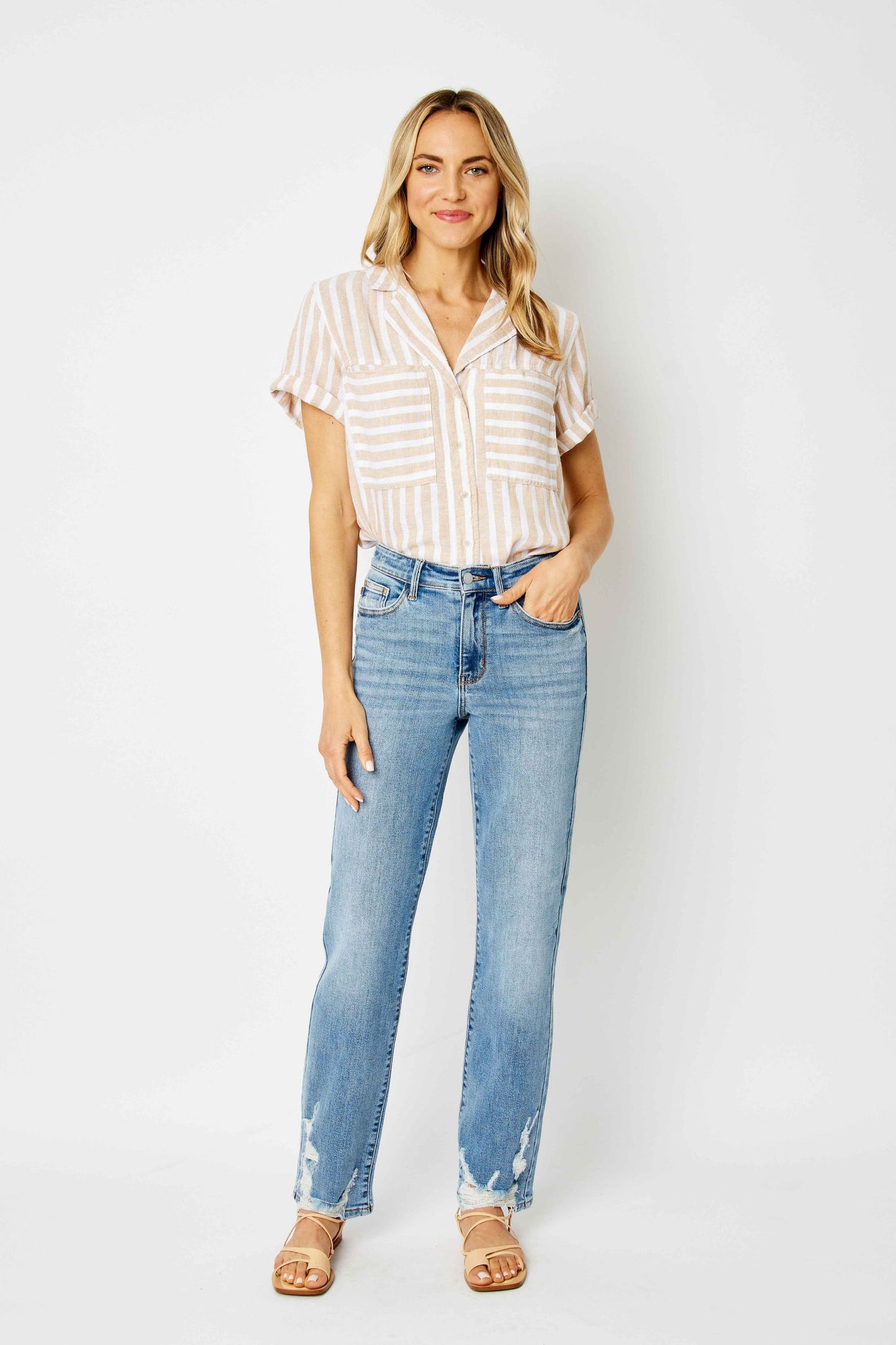 Judy Blue The Heidi Medium Wash Straight Jeans with Destroy Detail