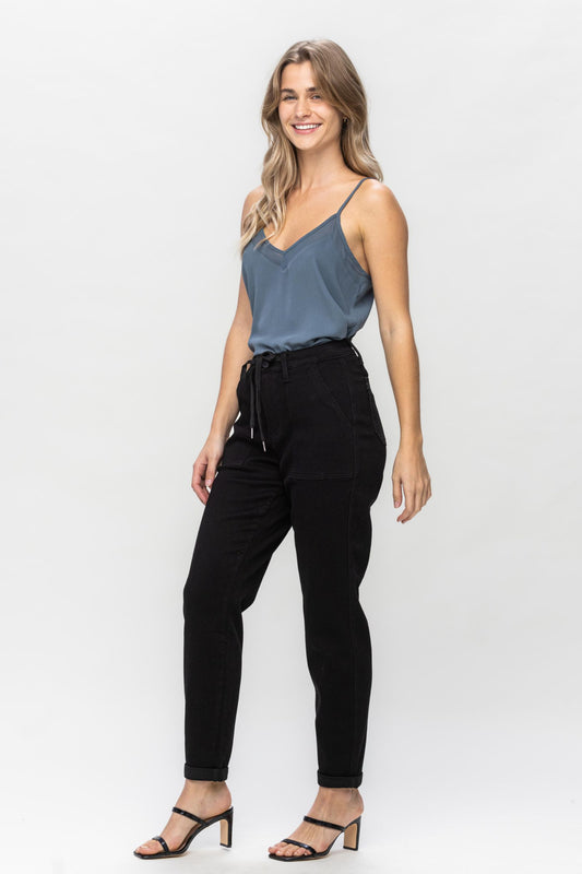 Judy Blue The Harper Relaxed Fit High Waist Cuffed Jogger in Black