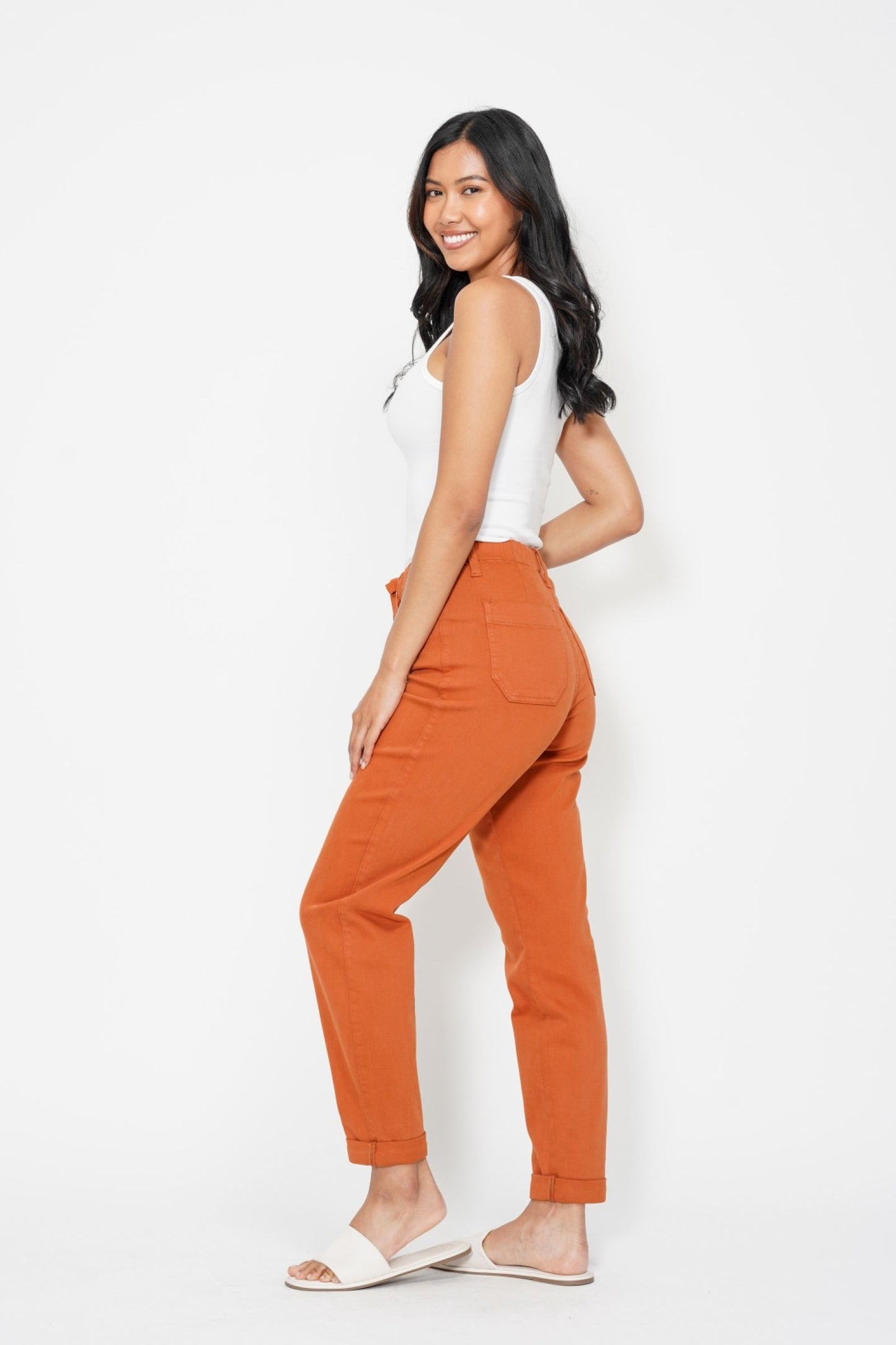 Judy Blue The Harper Relaxed Fit High Waist Cuffed Jogger in Auburn Orange