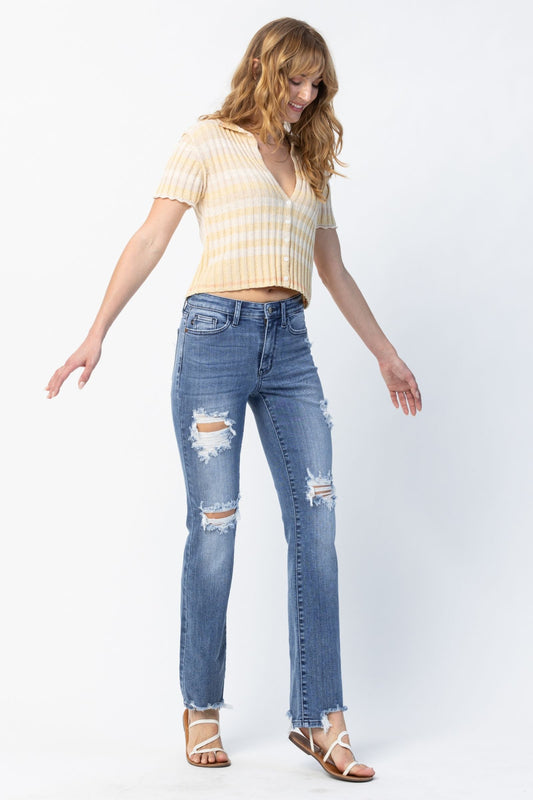 Judy Blue Medium Wash Destroyed Straight Mid-Rise Jeans